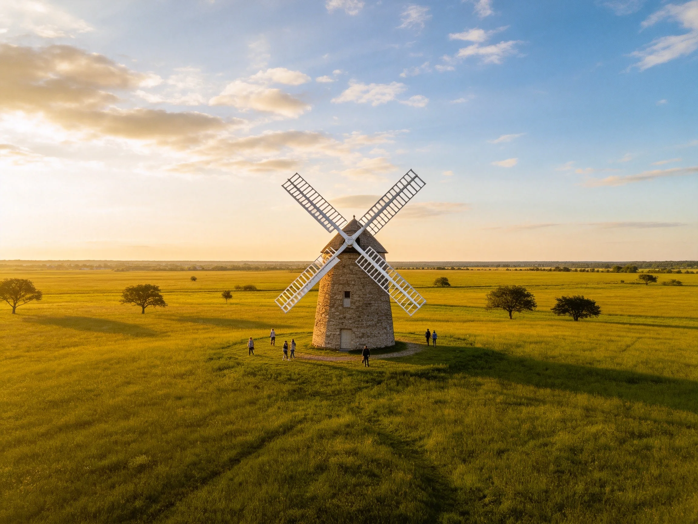 A stone windmill stands in golden fields with visitors nearby