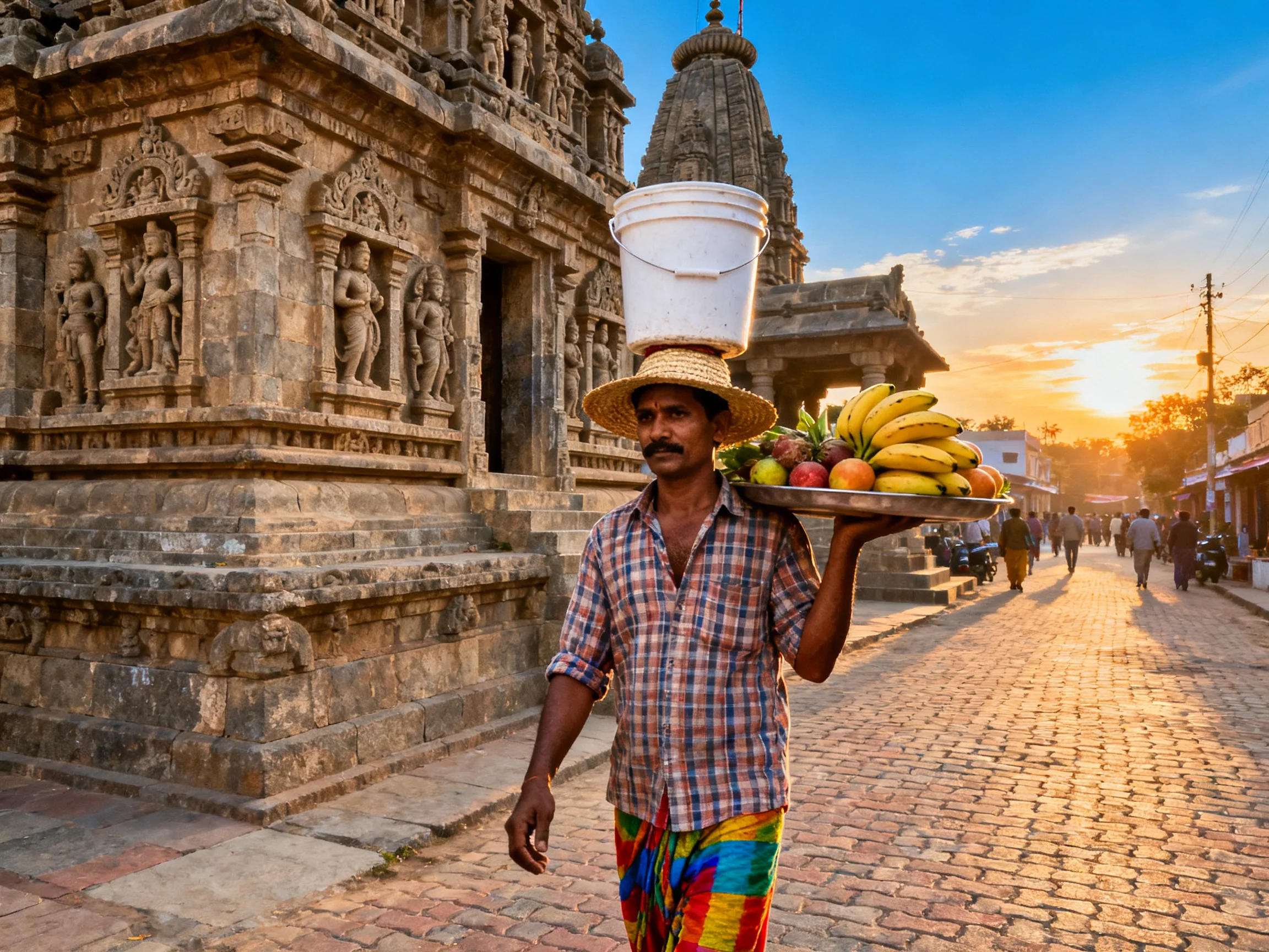 A street vendor balances fruits and a bucket near ancient stone temples at sunset