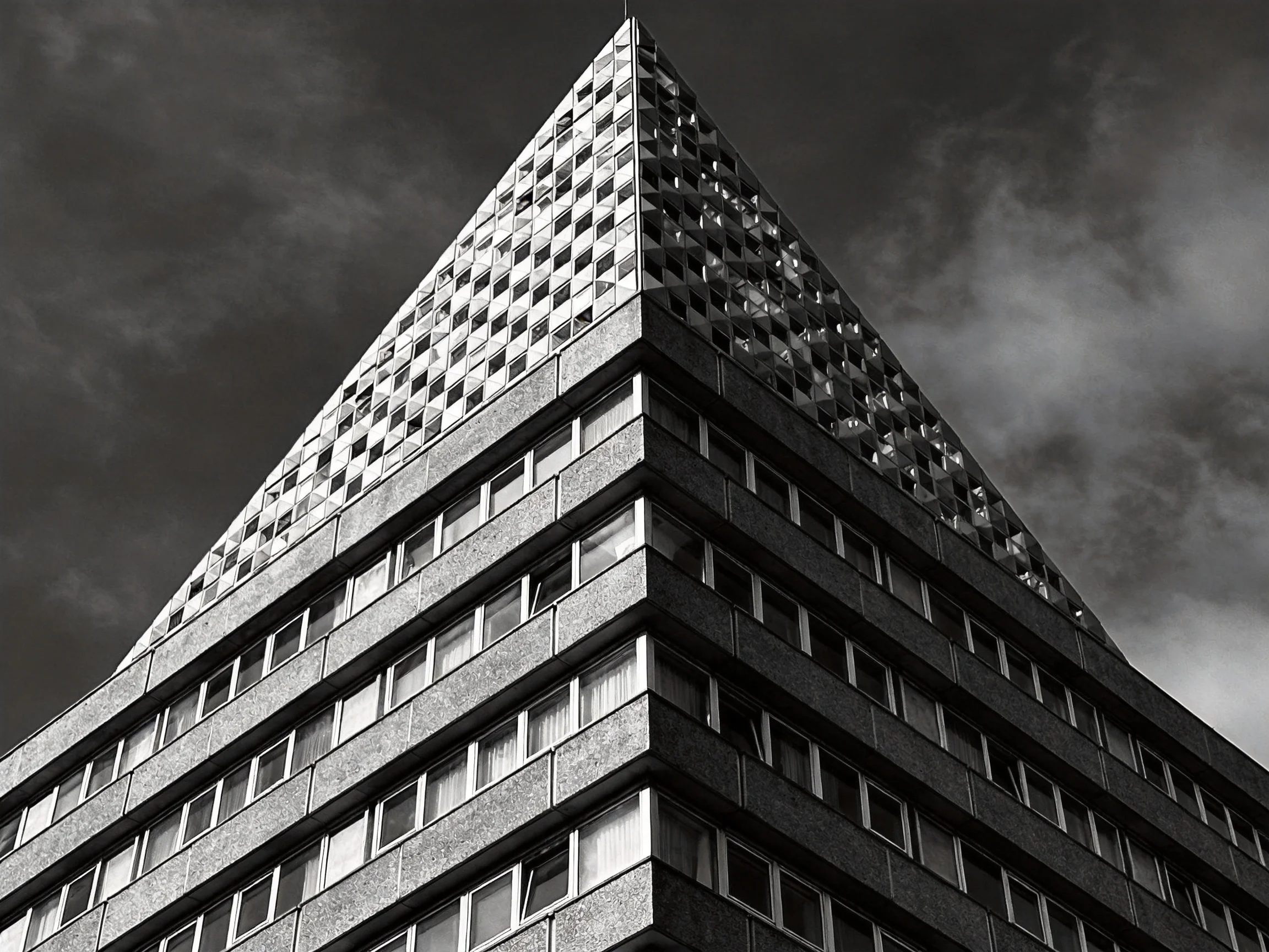 A striking pyramid - topped building in black and white under dark clouds