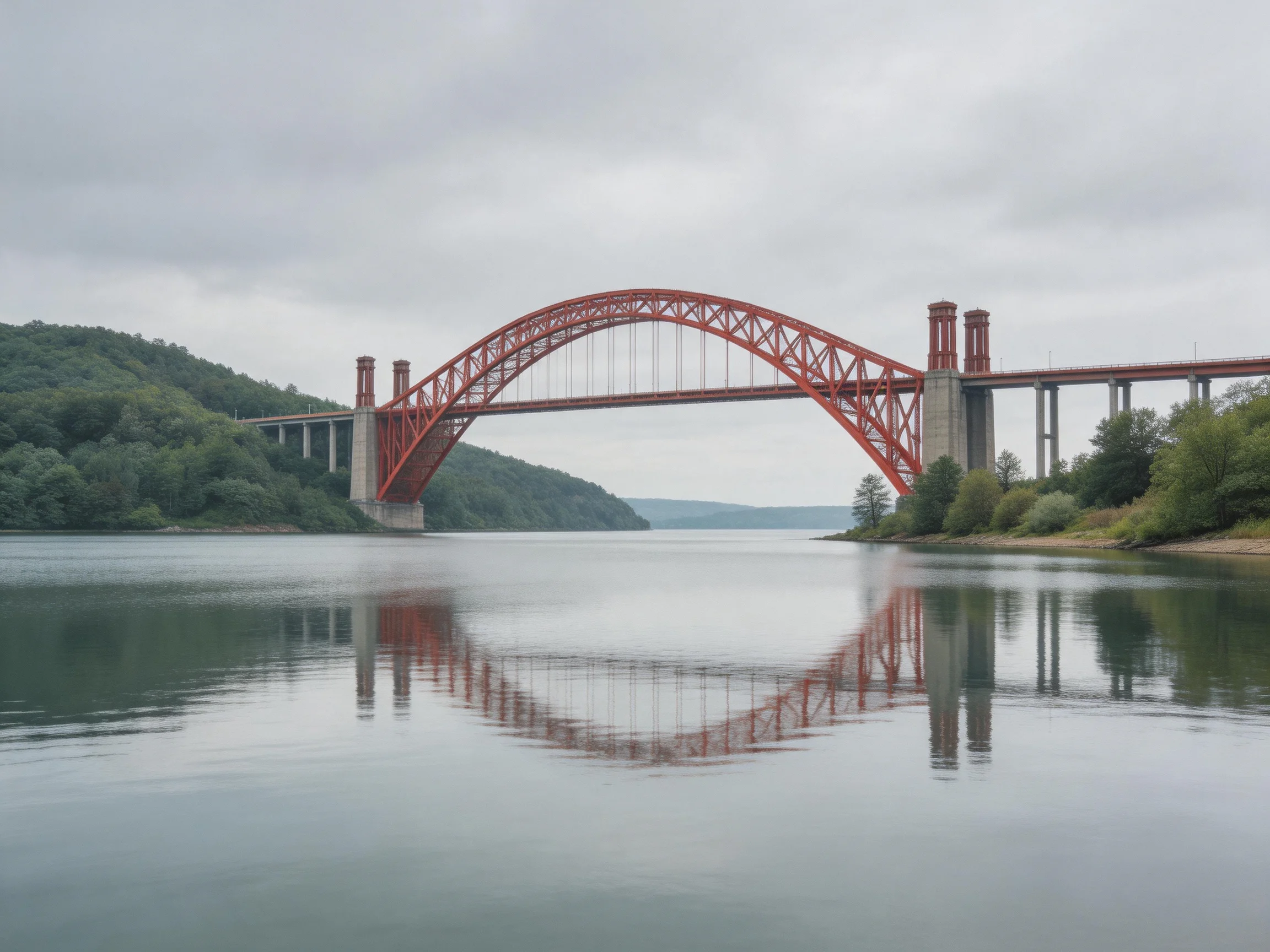 A striking red arched bridge spans calm waters between green hills