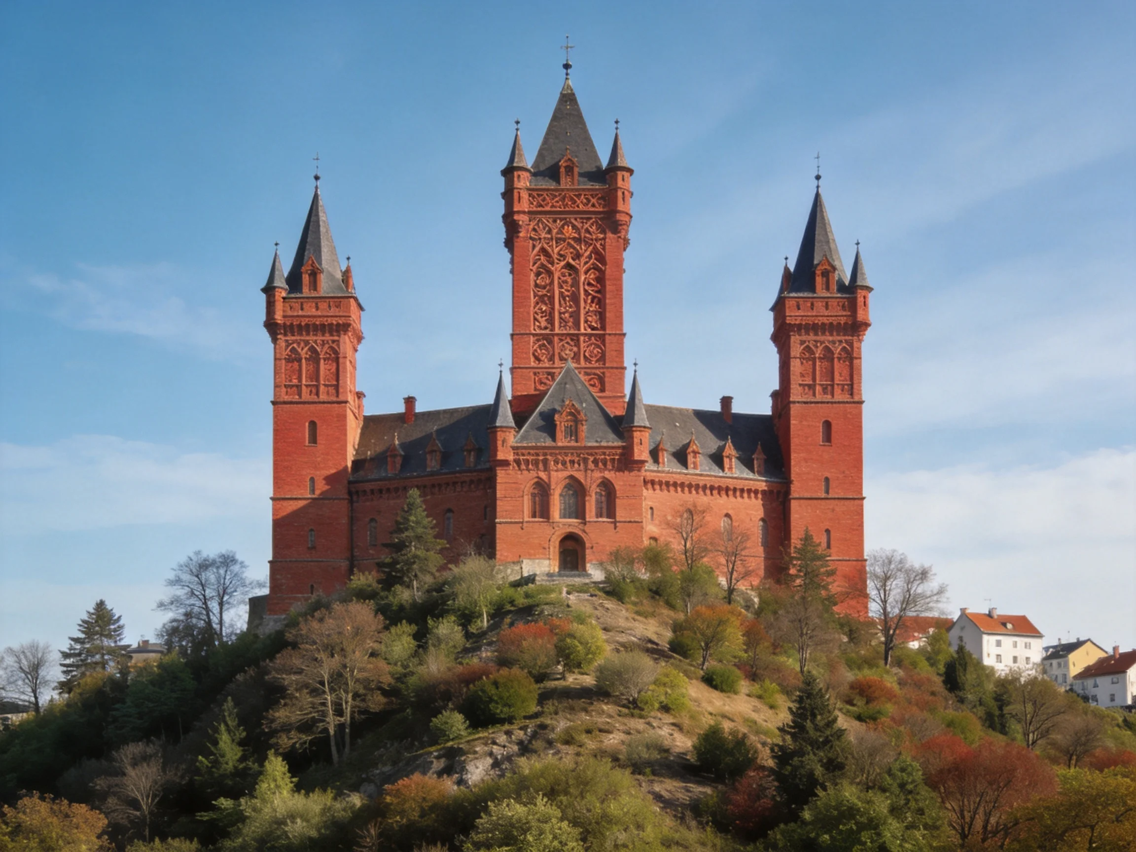 A striking red-brick castle with three towers atop a lush hill
