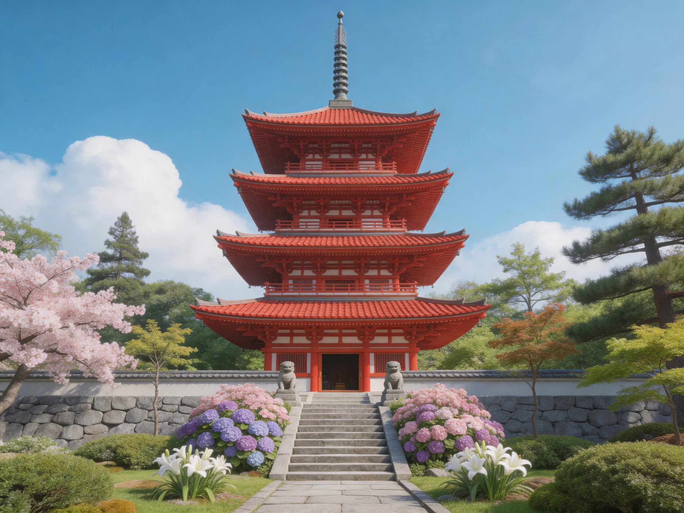 A striking red four - story pagoda surrounded by lush floral gardens