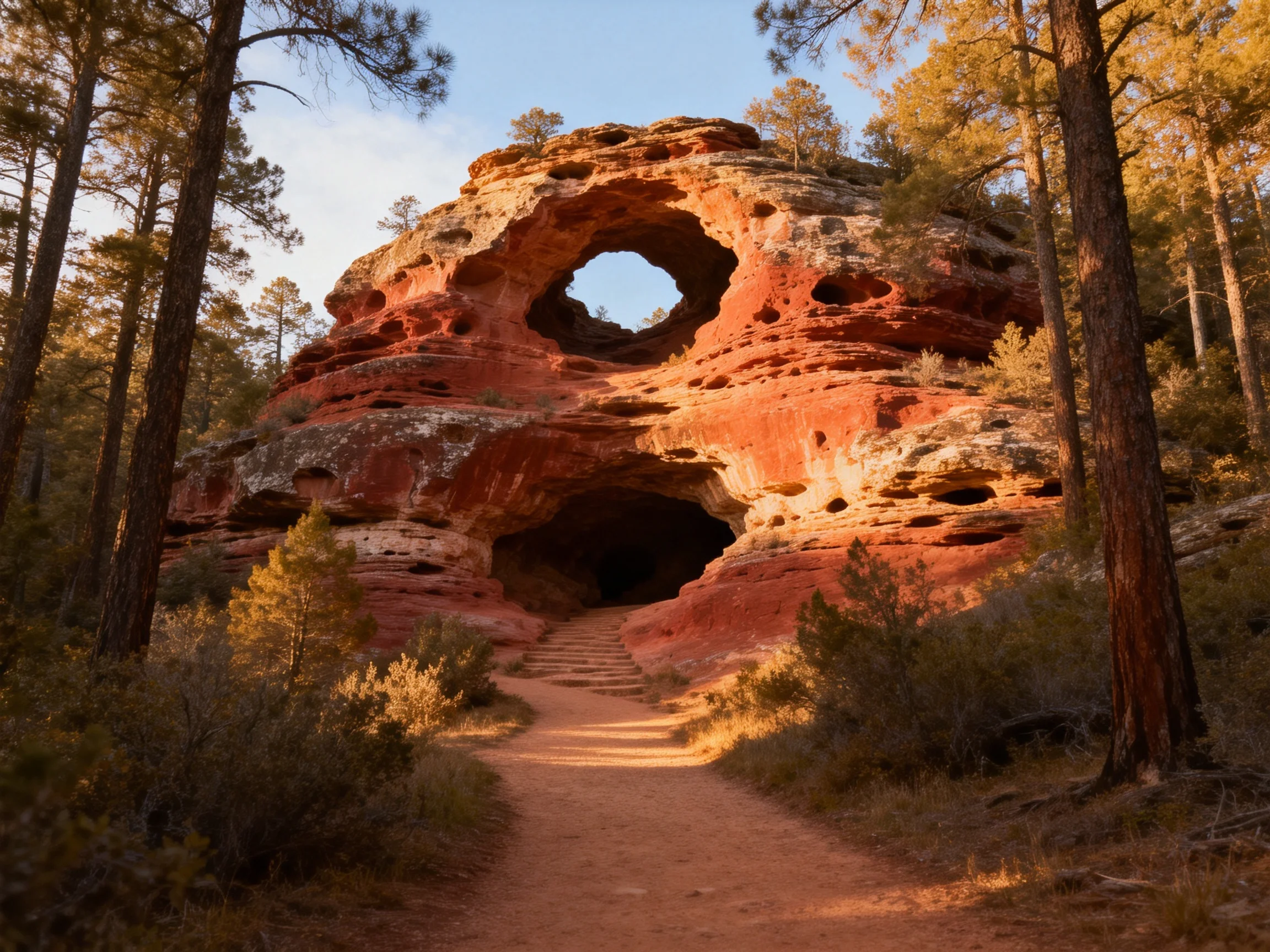 A striking red sandstone formation with circular openings near a forest trail