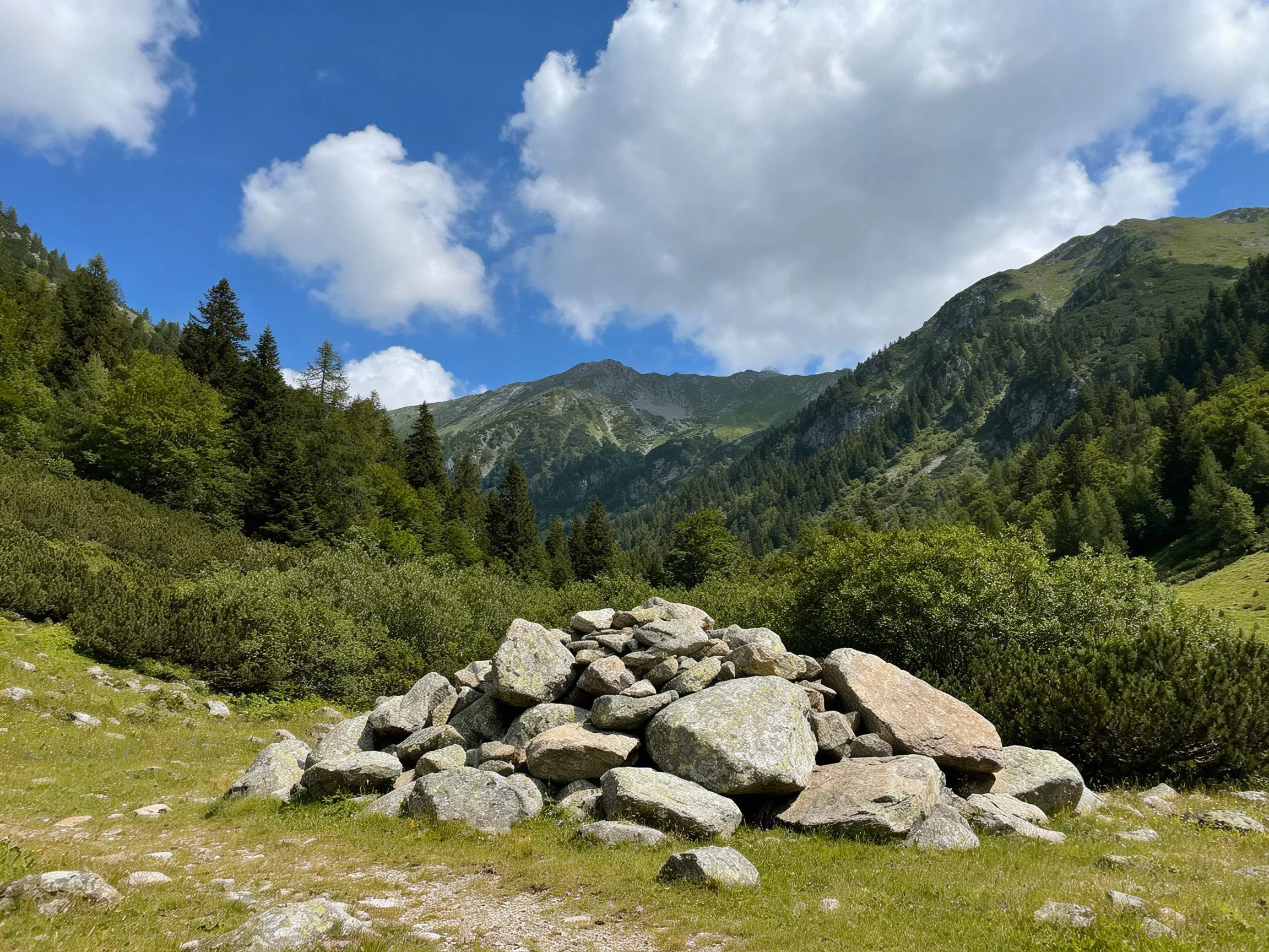 A substantial stone pile in a verdant mountainous landscape