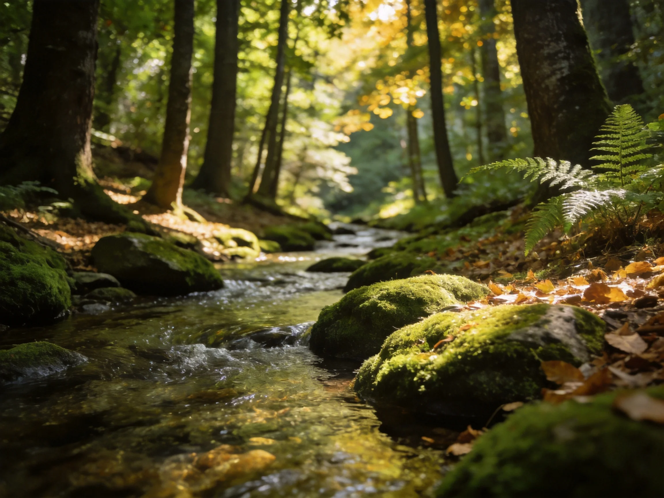 A sun-dappled forest stream with moss-covered rocks and tall trees
