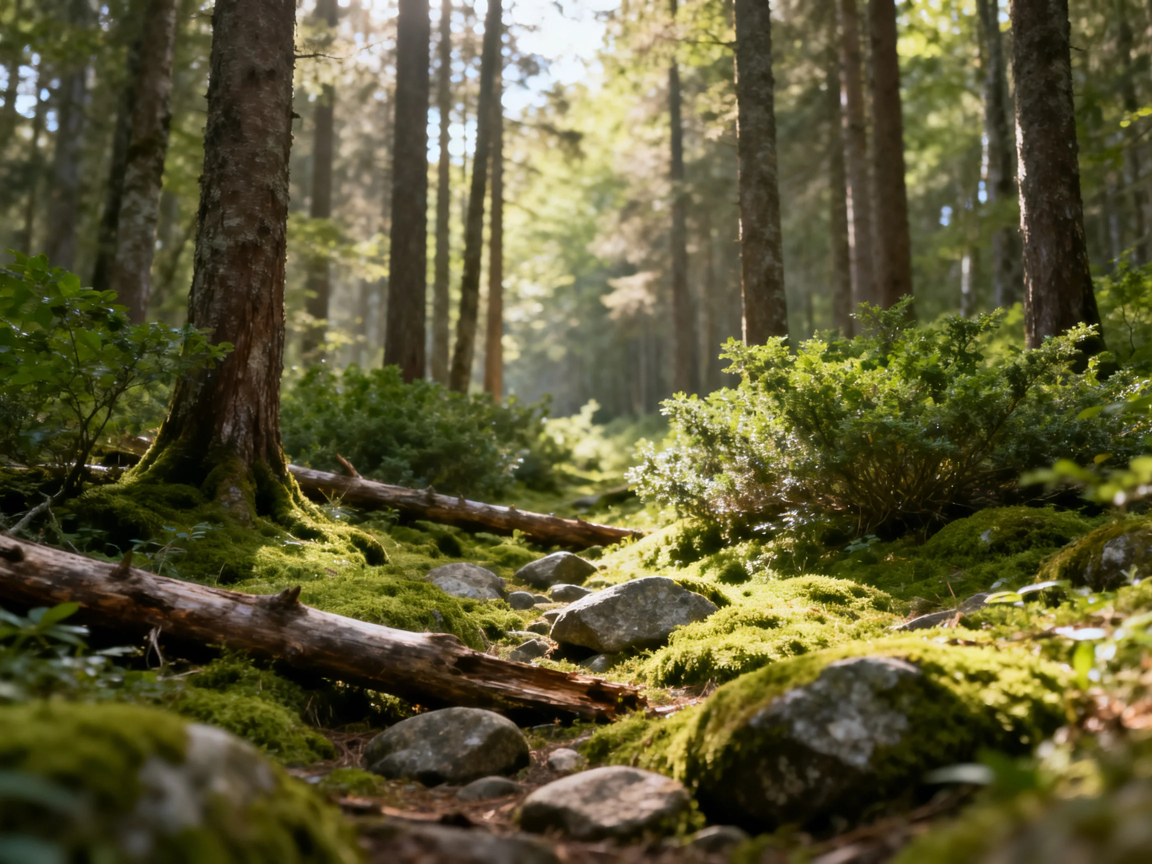 A sun-dappled forest with tall trees, mossy rocks, and fallen logs