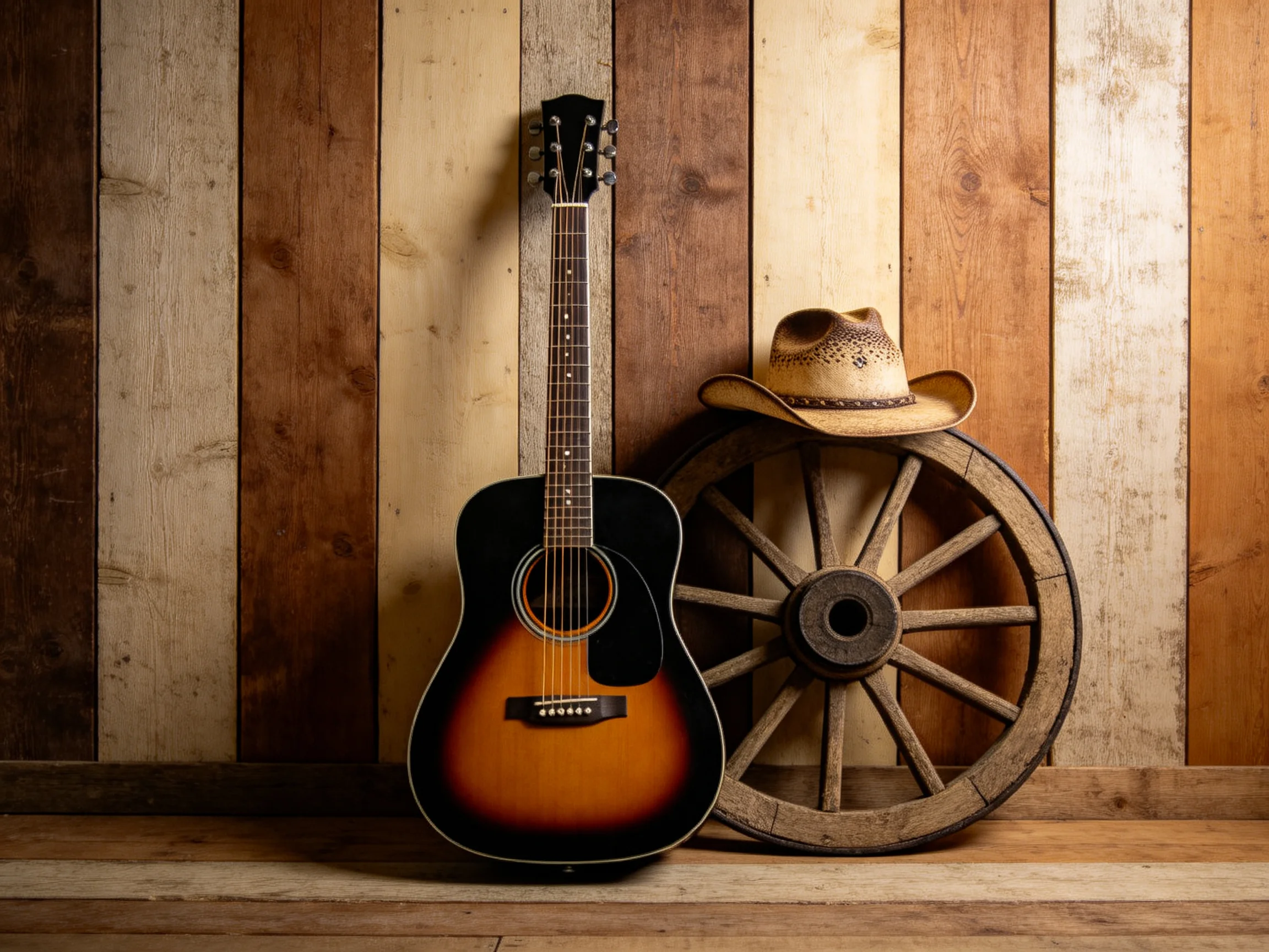 A sunburst acoustic guitar, cowboy hat, and wooden wagon wheel against a rustic wood-paneled wall