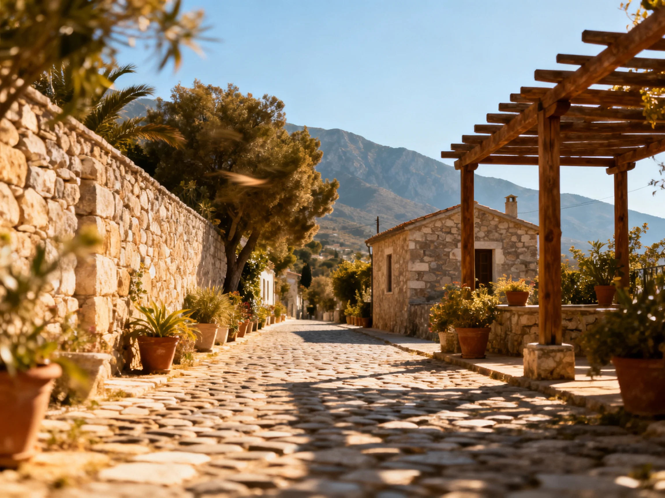 A sunlit cobblestone path flanked by stone walls and potted plants