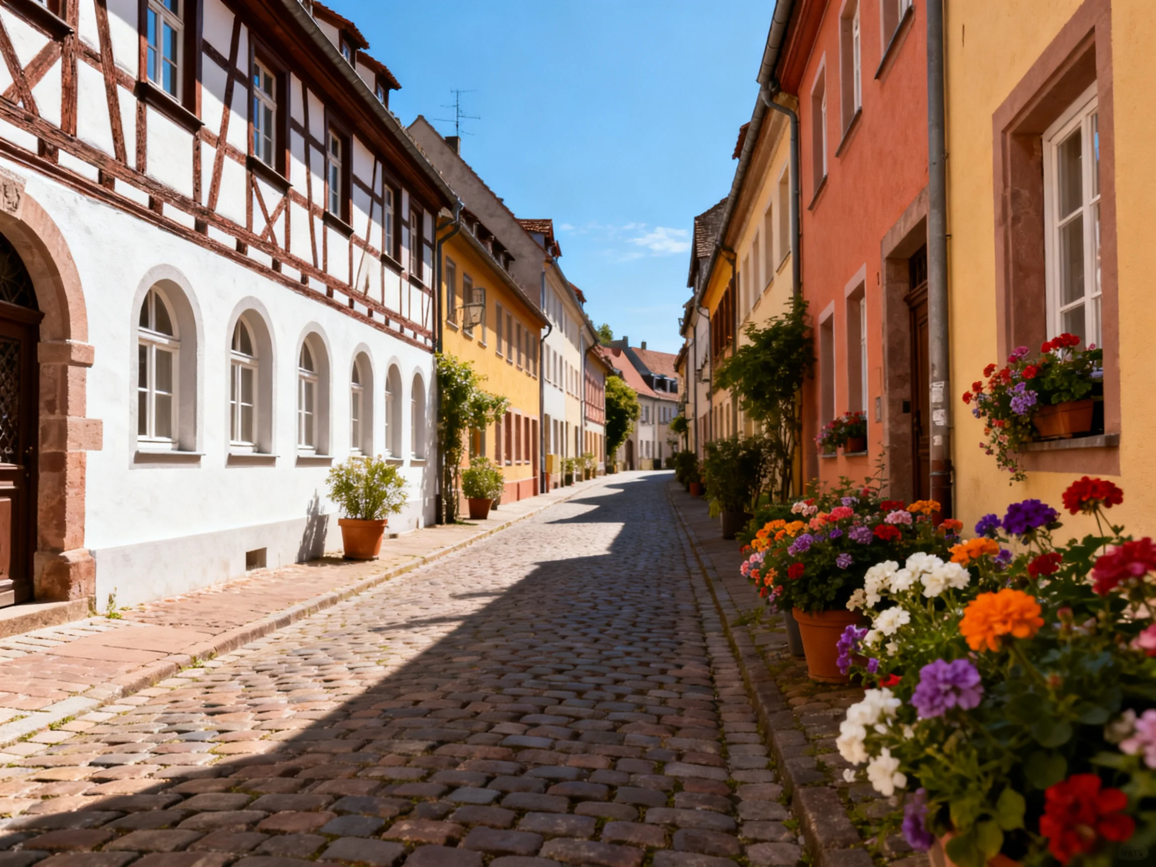 A sunlit cobblestone street bordered by colorful historic buildings with flower arrangements