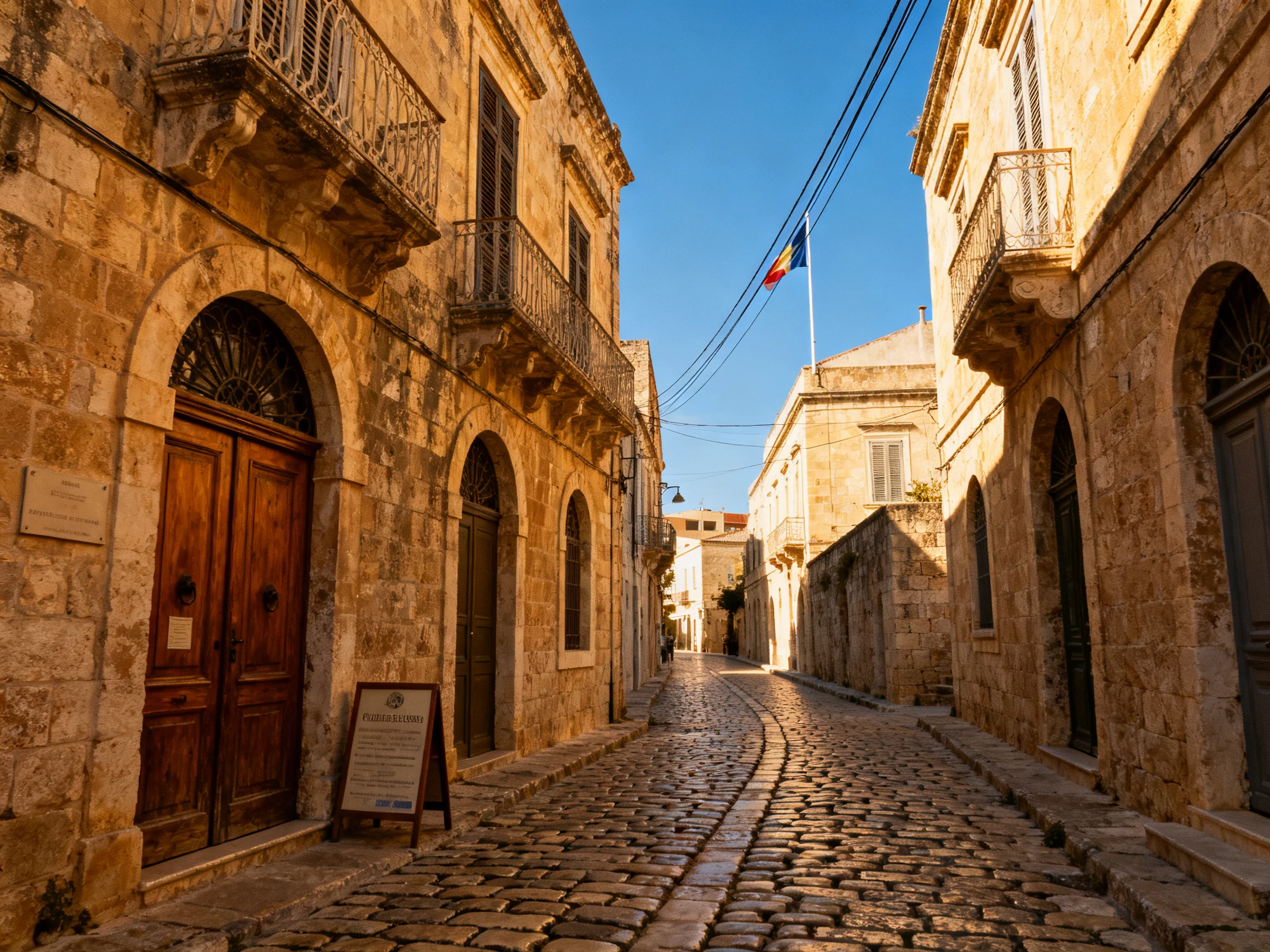A sunlit cobblestone street flanked by aged stone buildings