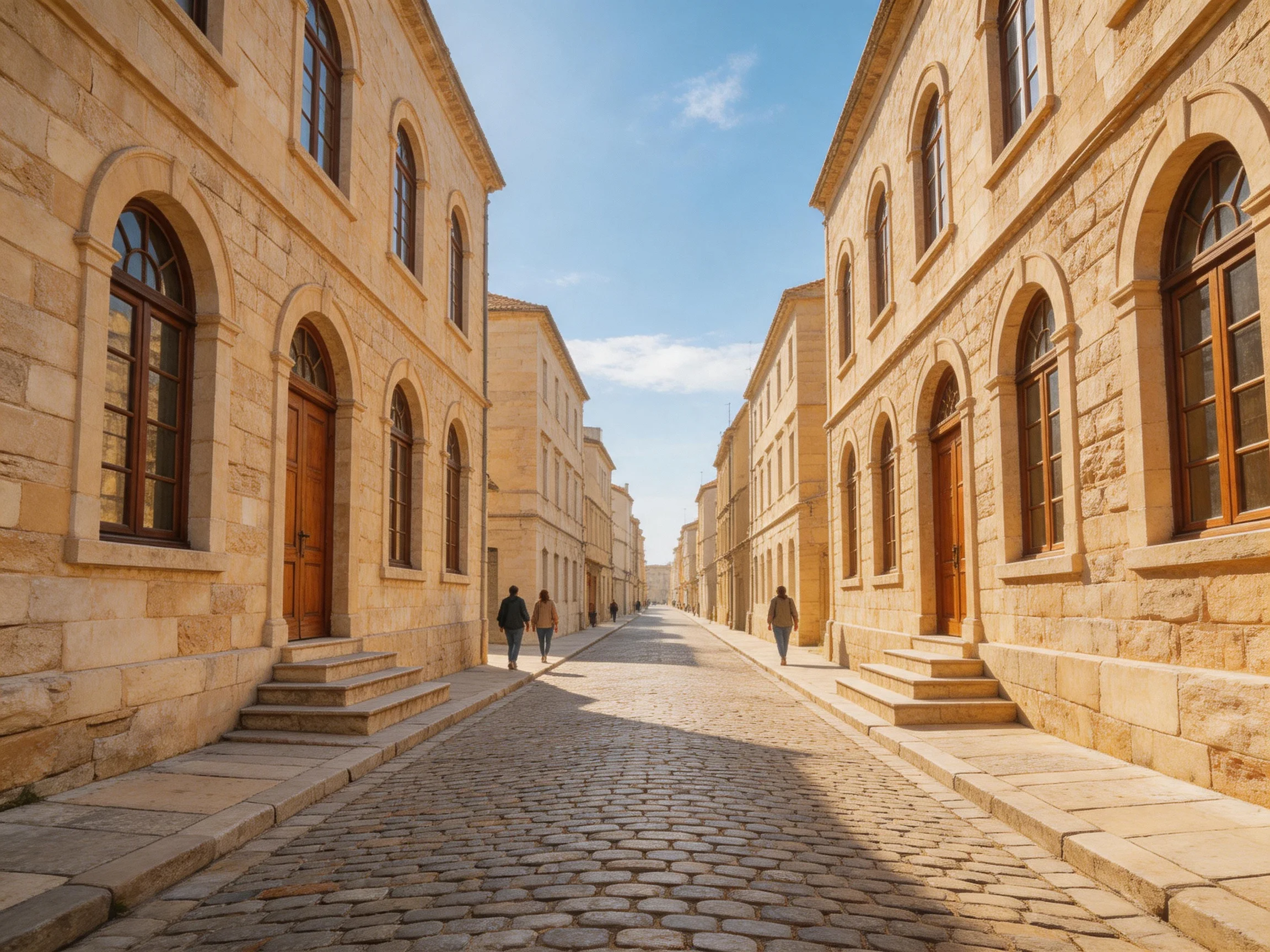 A sunlit cobblestone street flanked by historic stone buildings