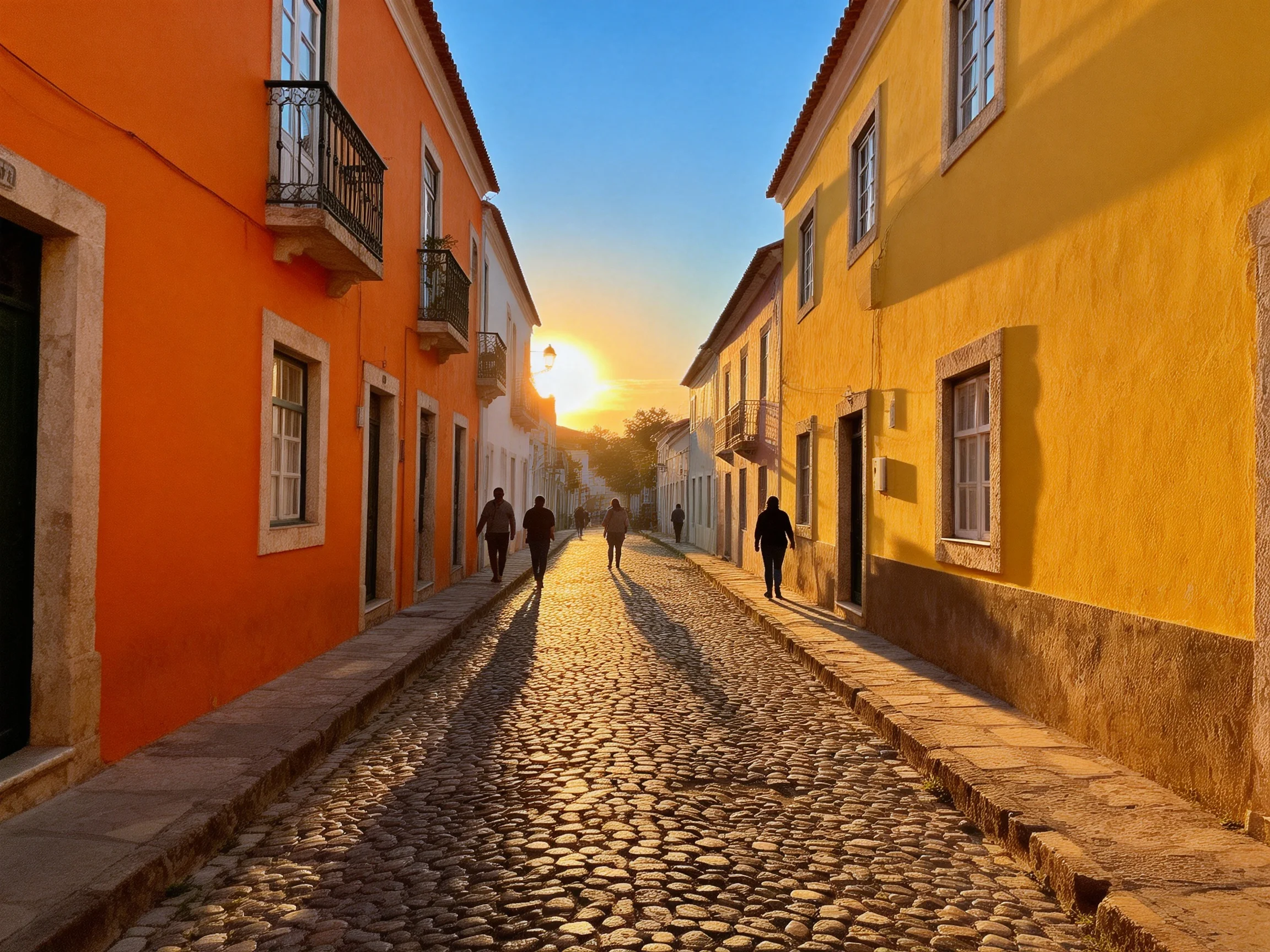 A sunlit cobblestone street lined with vibrant orange and yellow historic buildings