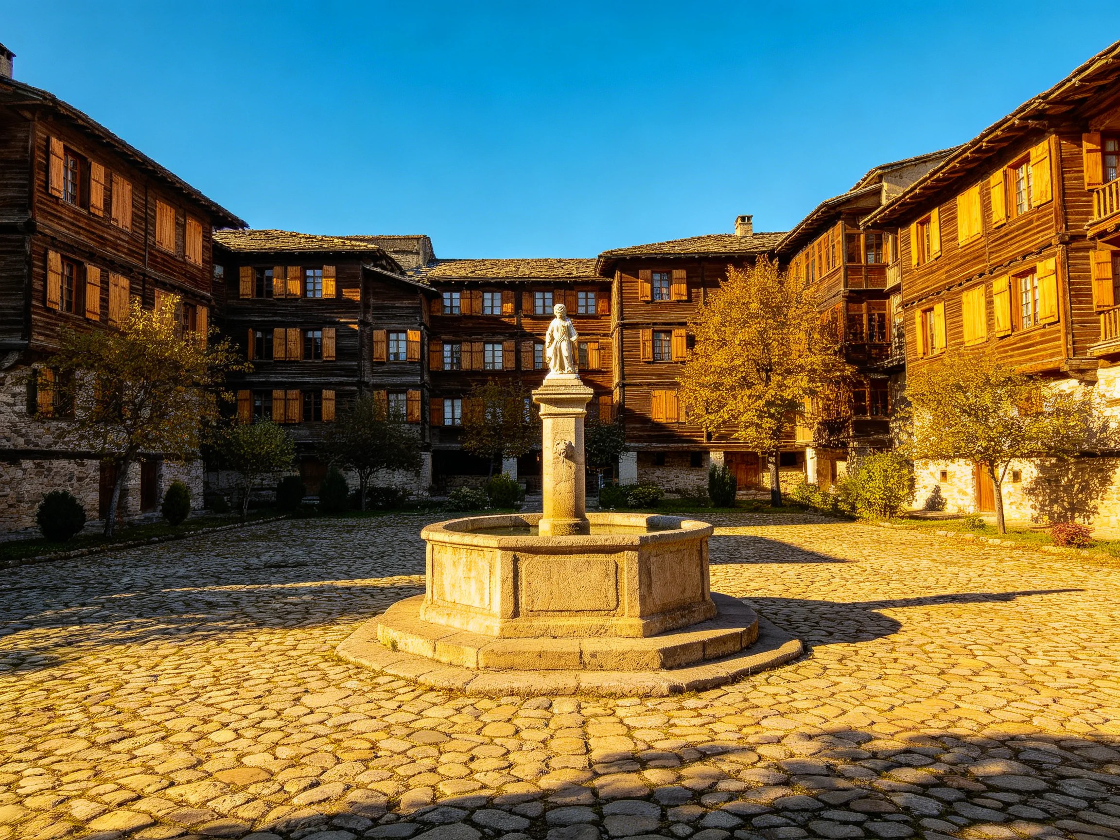 A sunlit courtyard with wooden buildings, stone fountain, and cobblestone pavement