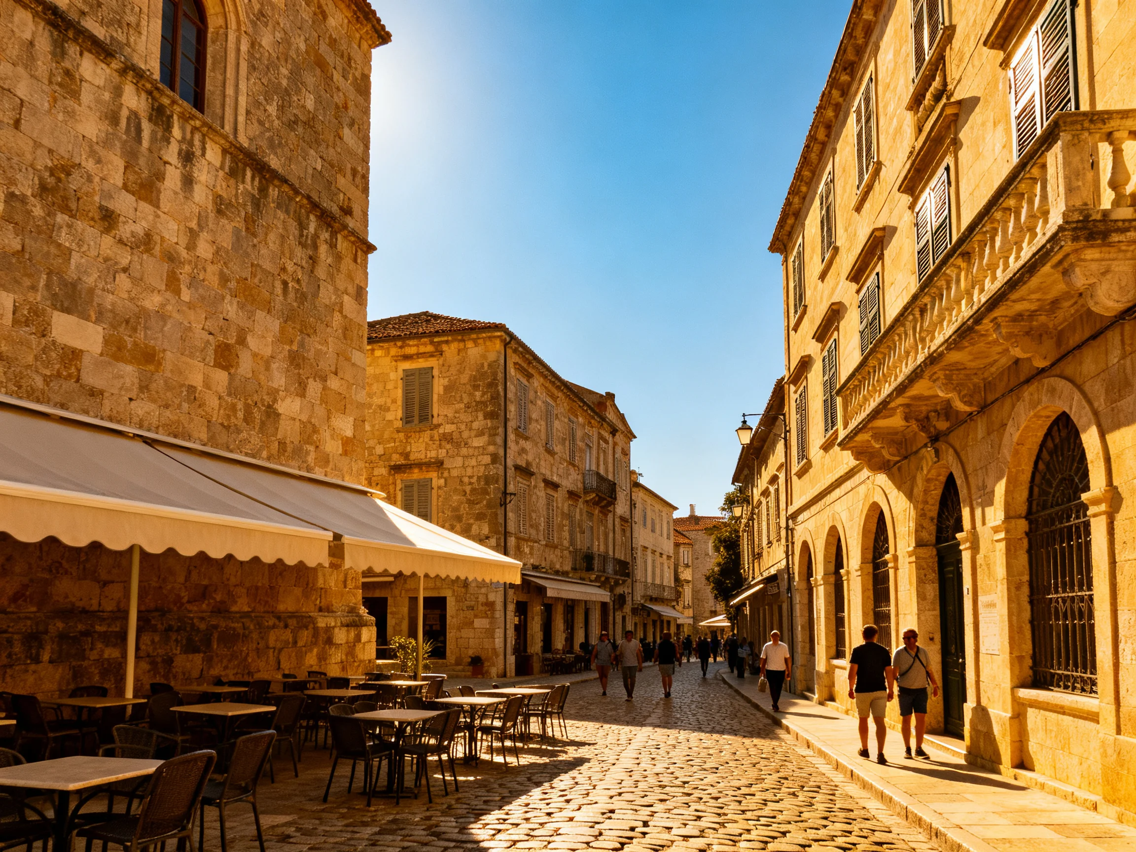 A sunlit historic cobblestone street flanked by aged stone buildings with outdoor seating
