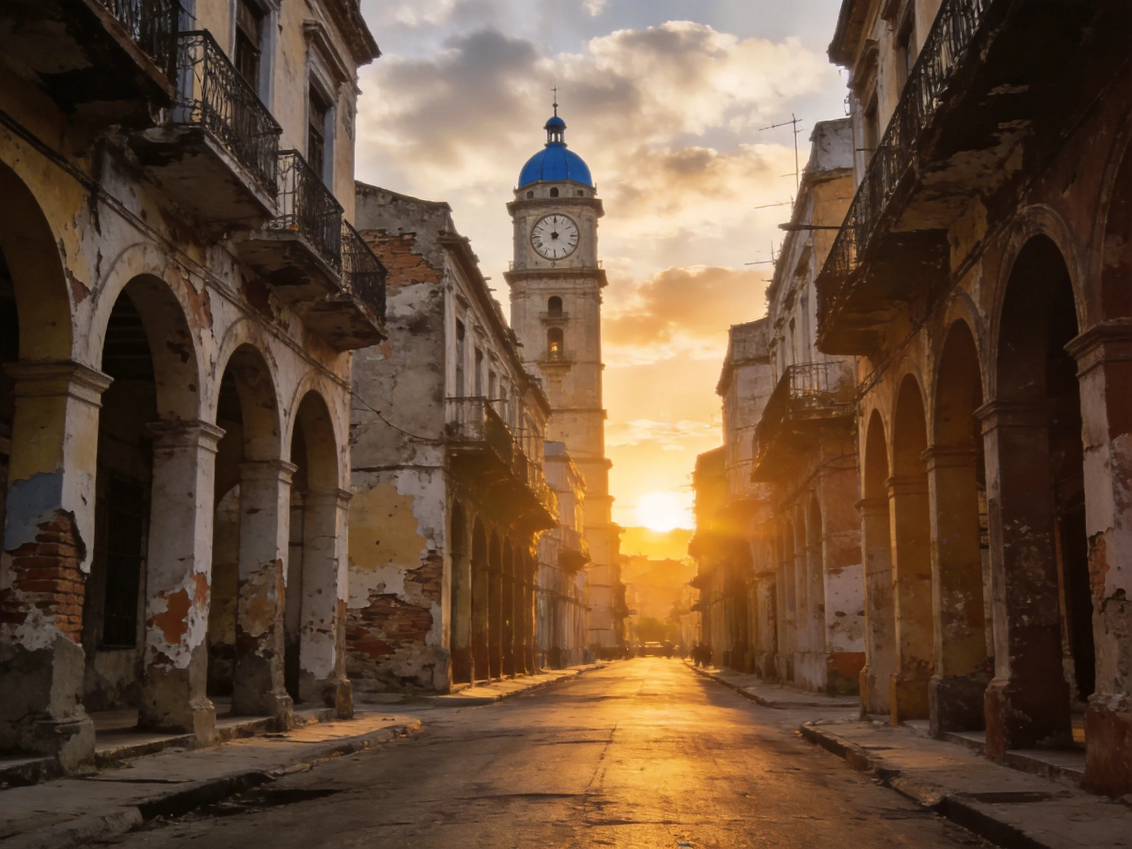 A sunlit street flanked by aged buildings and a blue-domed clock tower