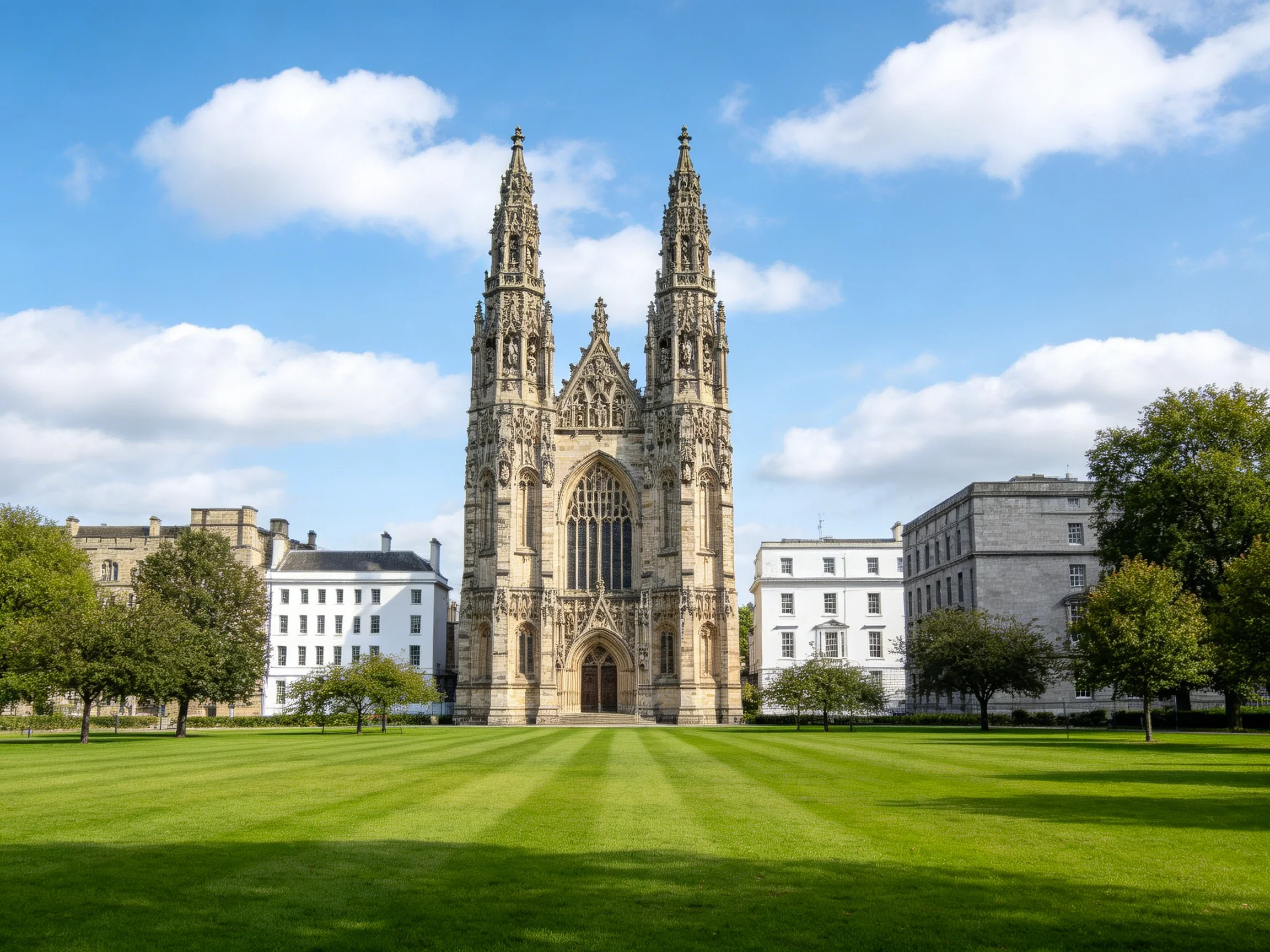 A tall Gothic cathedral with twin towers near white and gray buildings