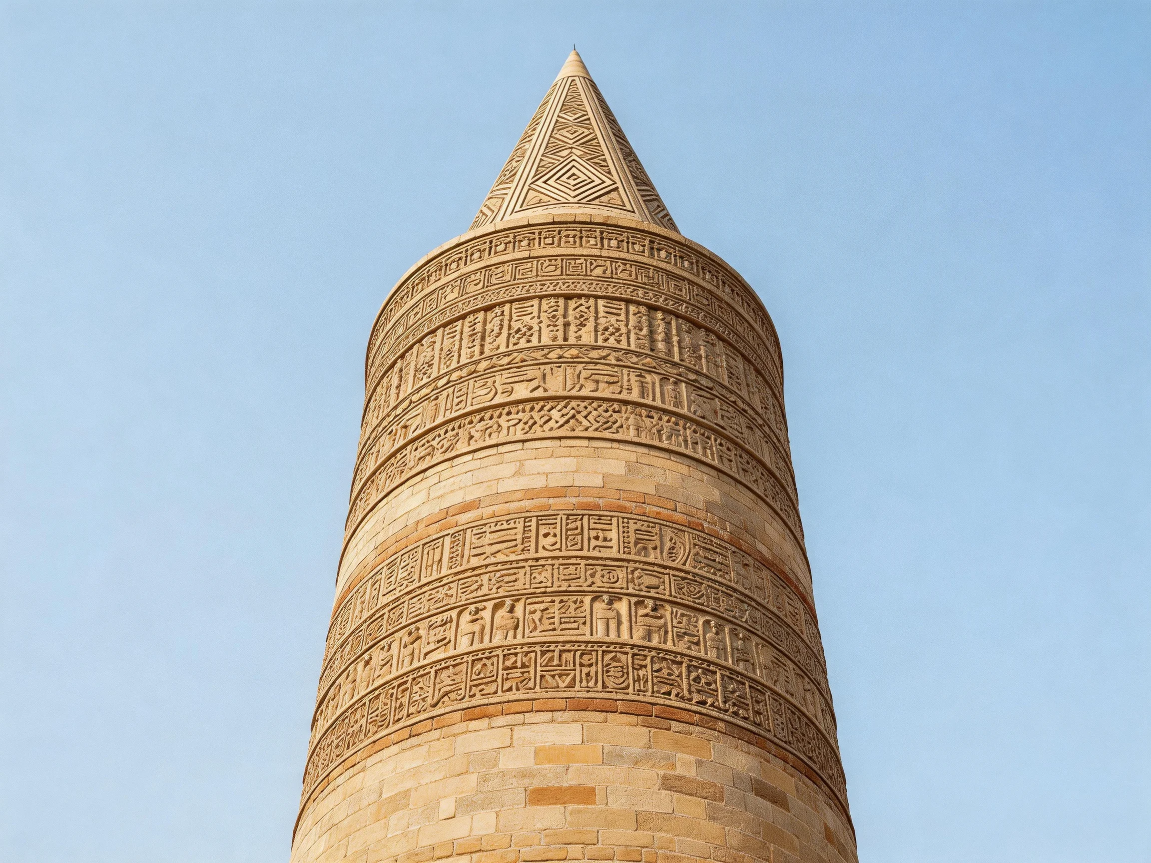 A tall ancient brick tower with ornate carvings against blue sky