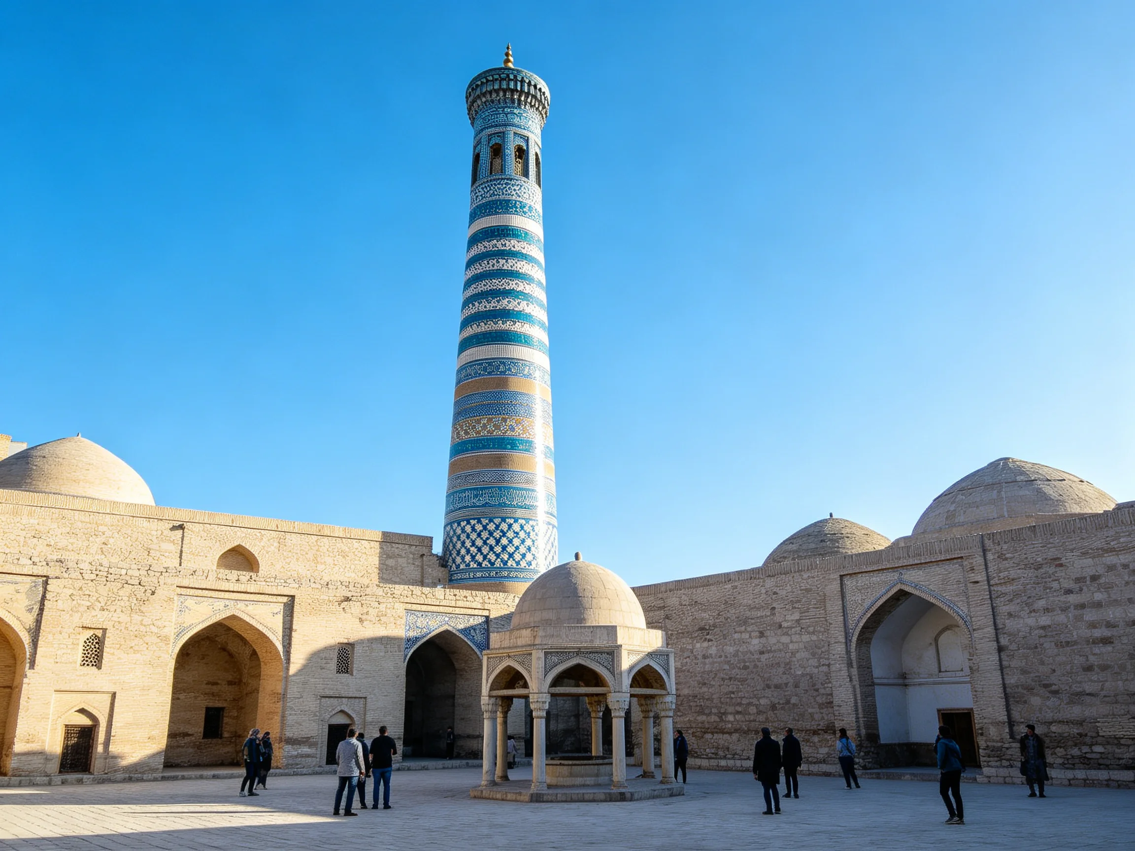 A tall blue-and-white tiled minaret stands among ancient stone structures