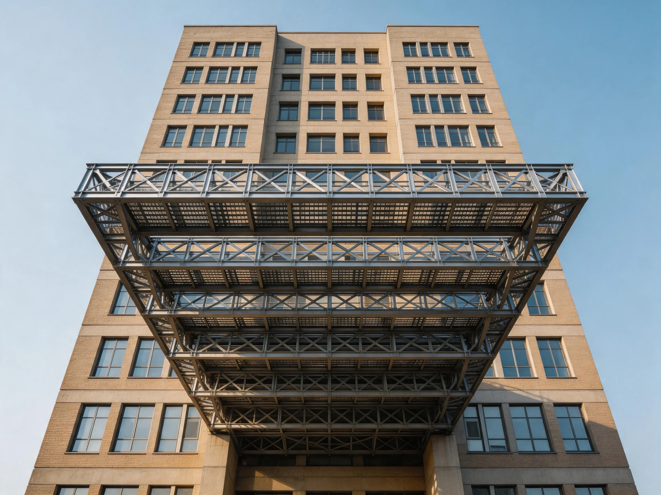 A tall brick building with an extensive metal framework structure