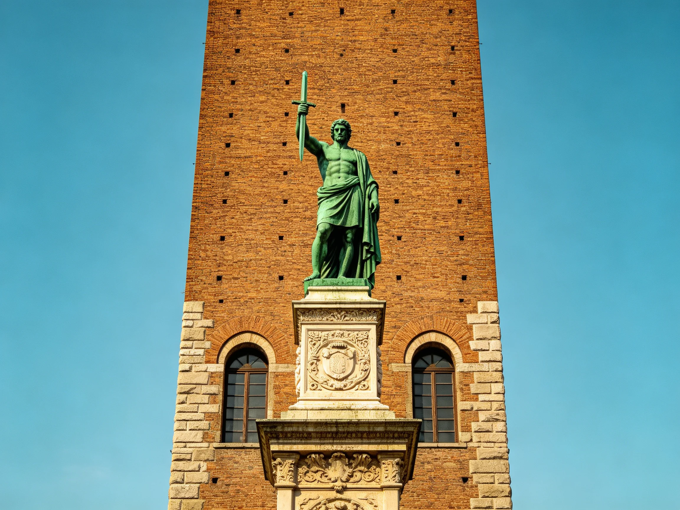 A tall brown brick tower with a green statue on a stone pedestal