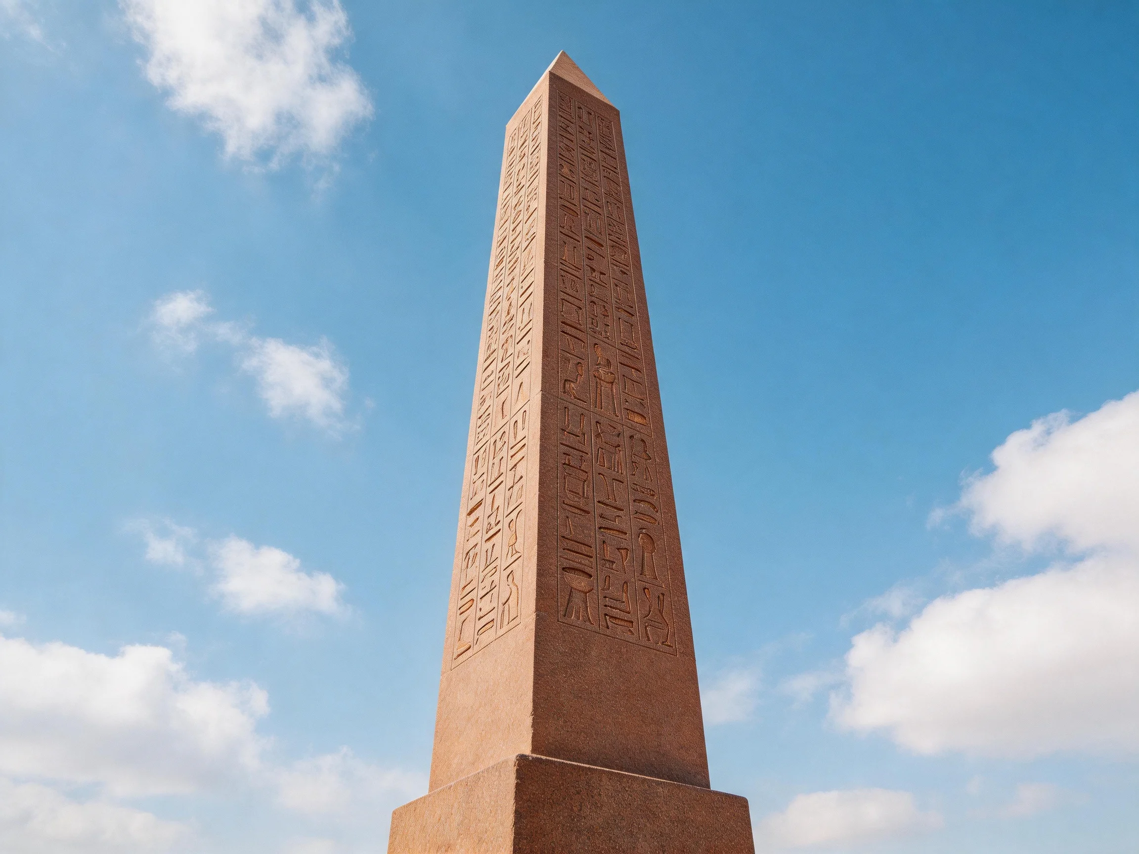 A tall brown obelisk with hieroglyphic engravings under a clear sky