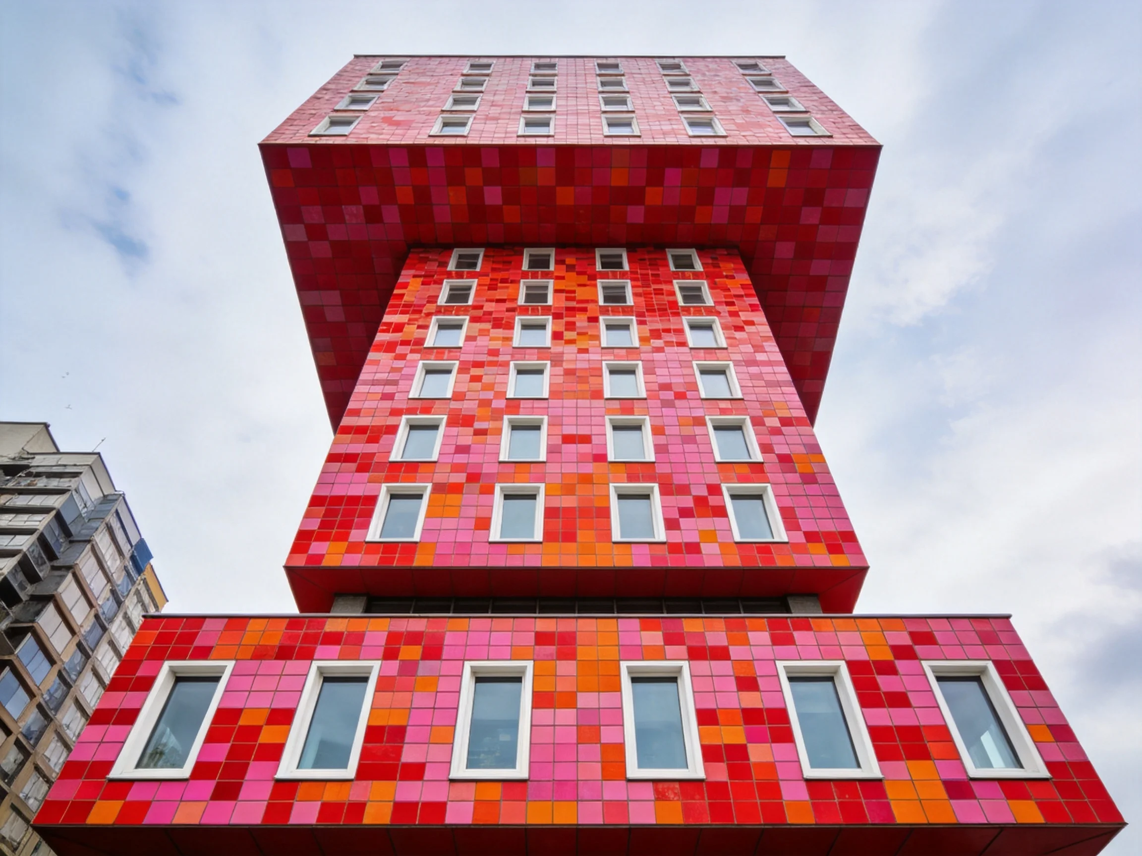 A tall building with multicolored red-orange-pink tiled sections