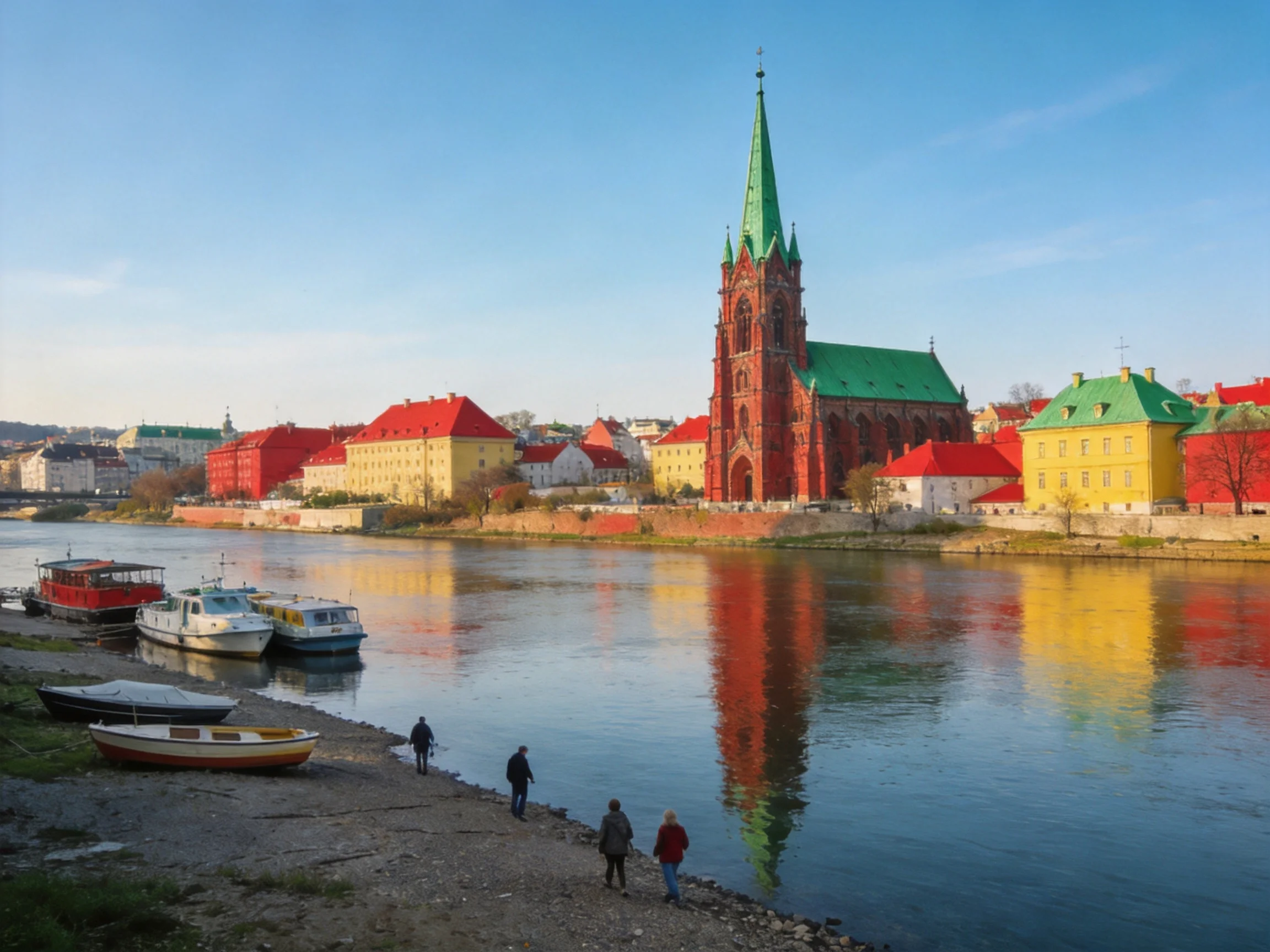 A tall church with green spire overlooks colorful riverside homes