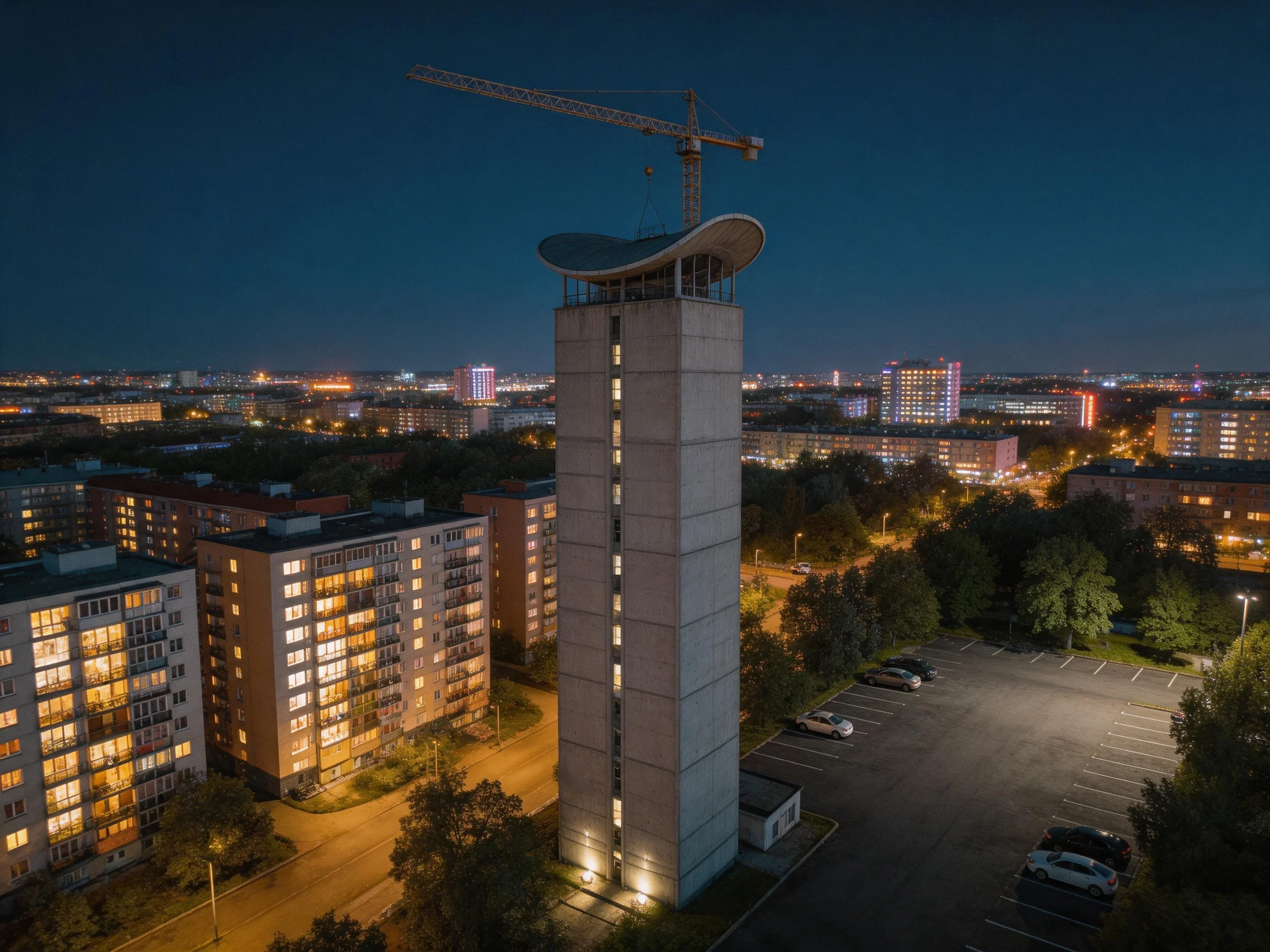 A tall concrete tower with a crane overlooks a lit urban night scene
