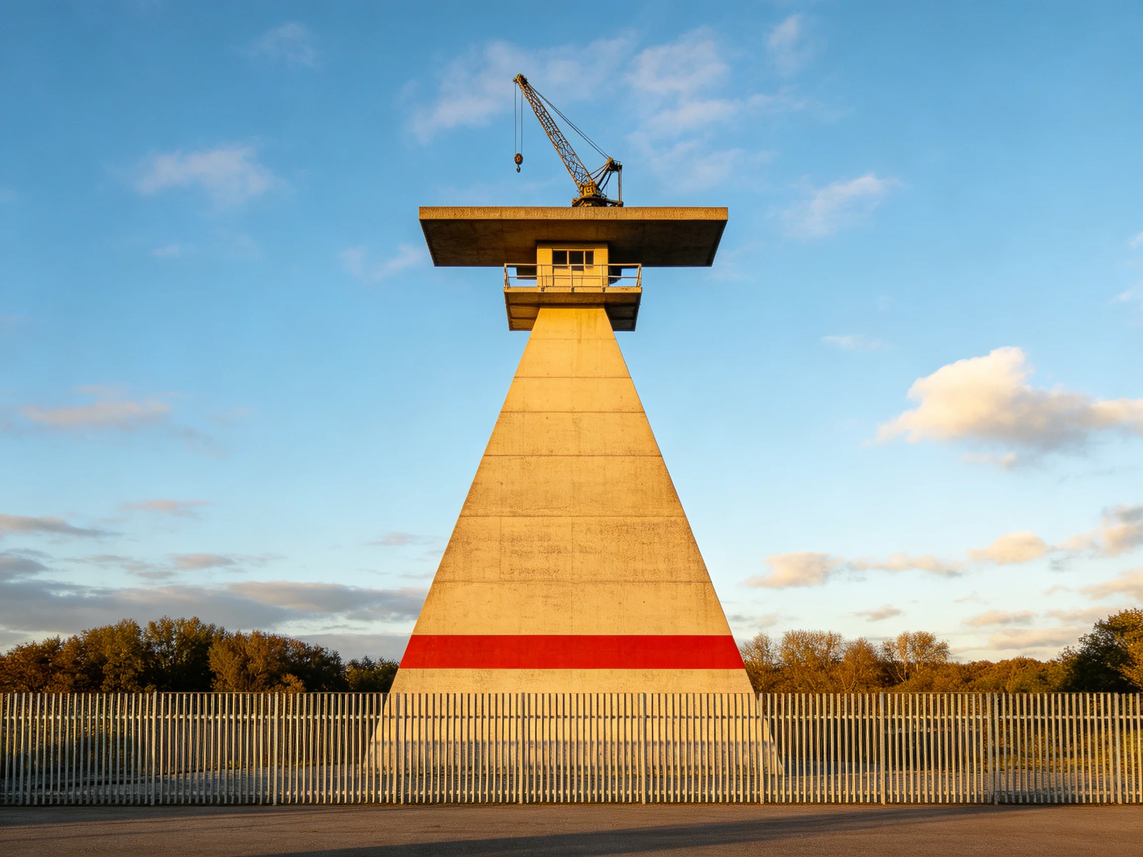 A tall concrete tower with a crane, red stripe, and metal fence