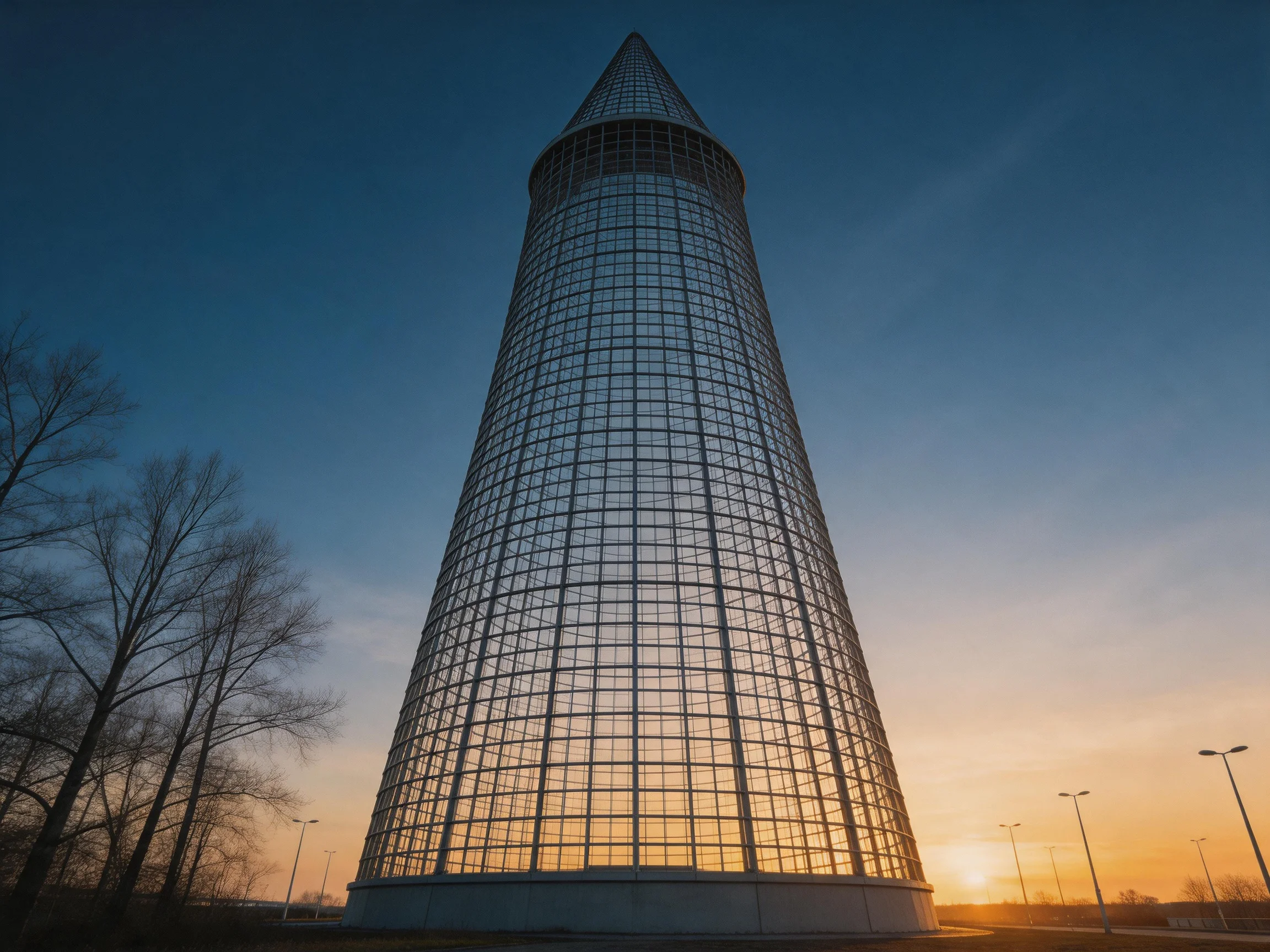 A tall cone - shaped glass tower under a vibrant evening