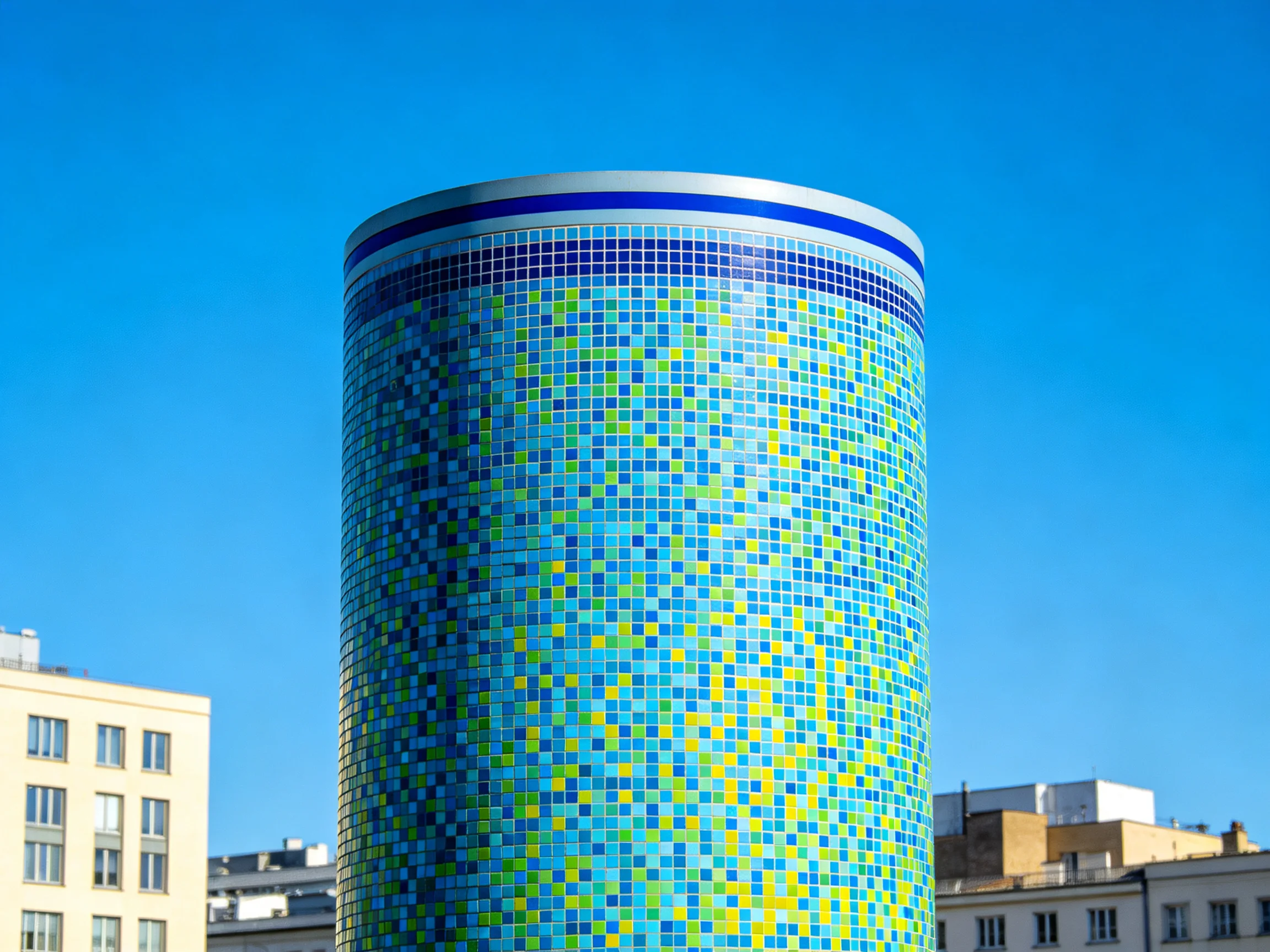 A tall cylindrical tower with blue and green mosaic tile patterns