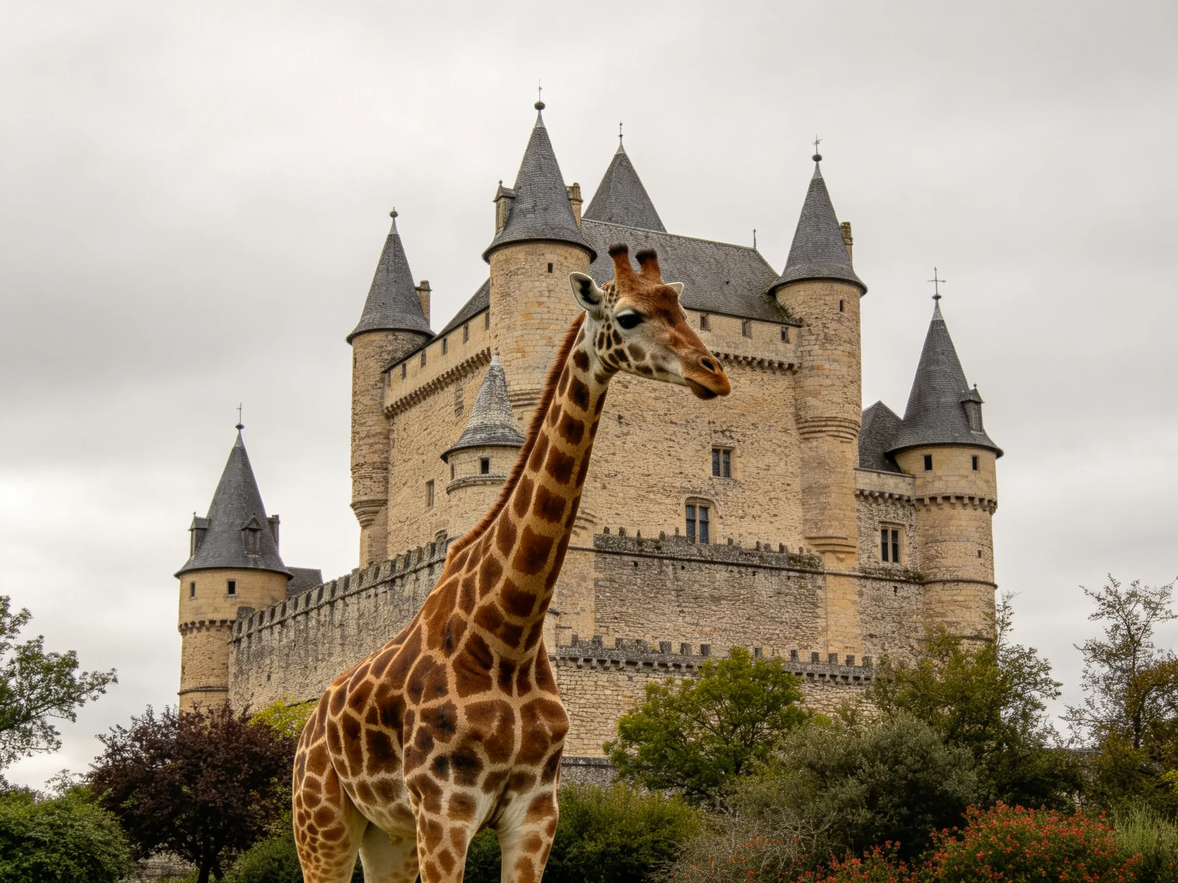 A tall giraffe stands before an ancient stone castle with gray spires