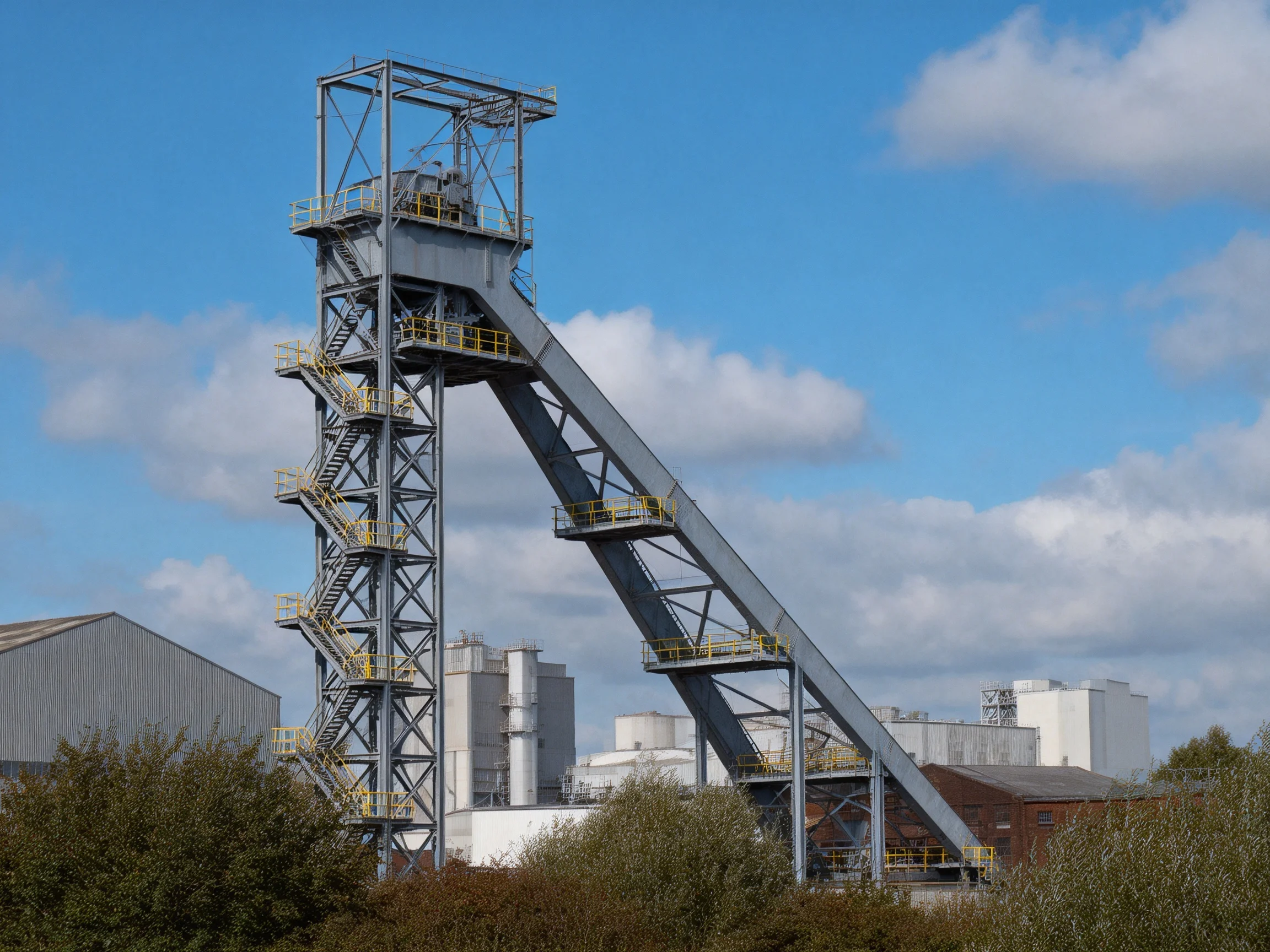 A tall gray industrial tower with yellow railings under a blue sky