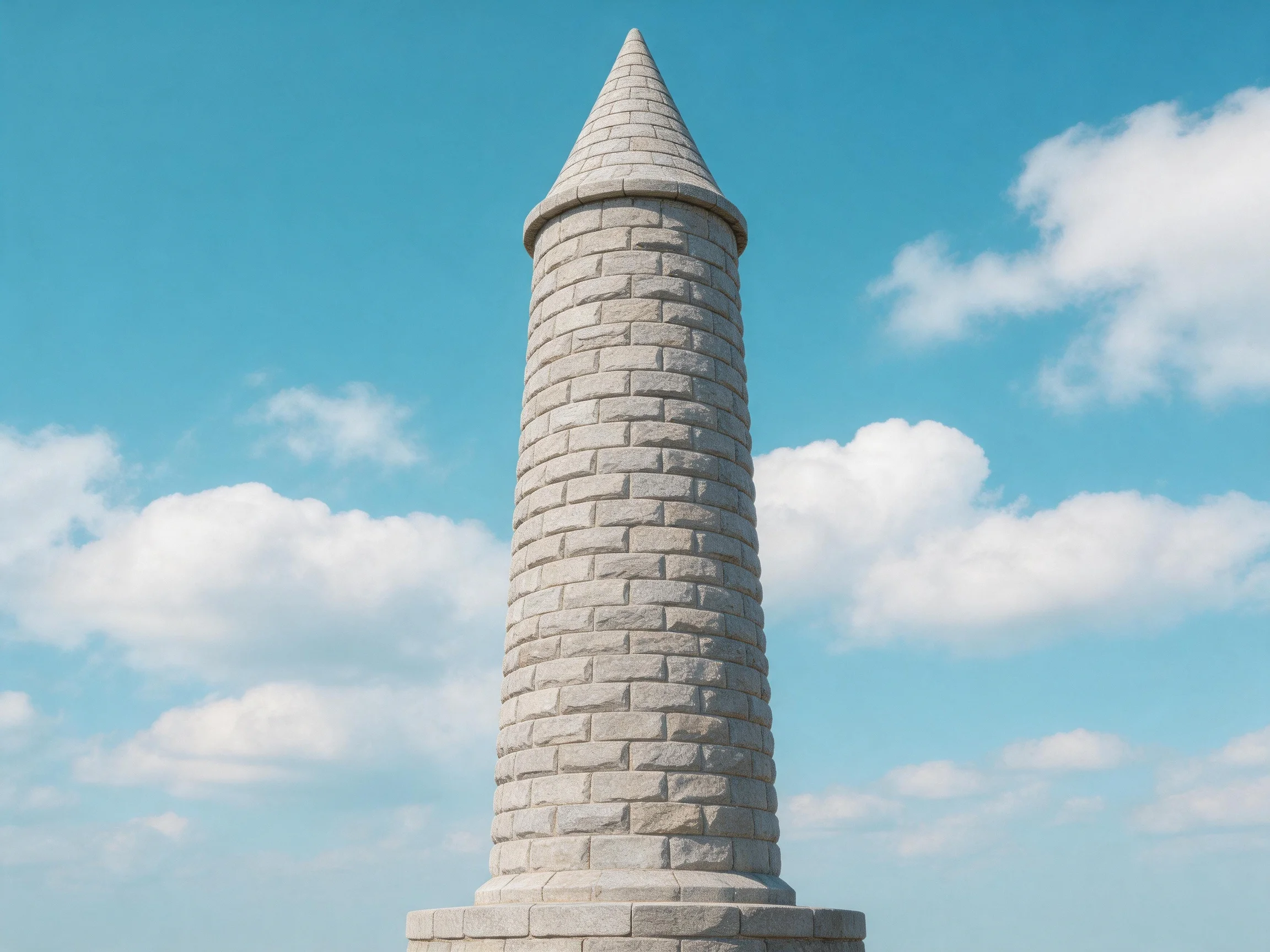 A tall gray stone monument with a pointed top under bright blue sky