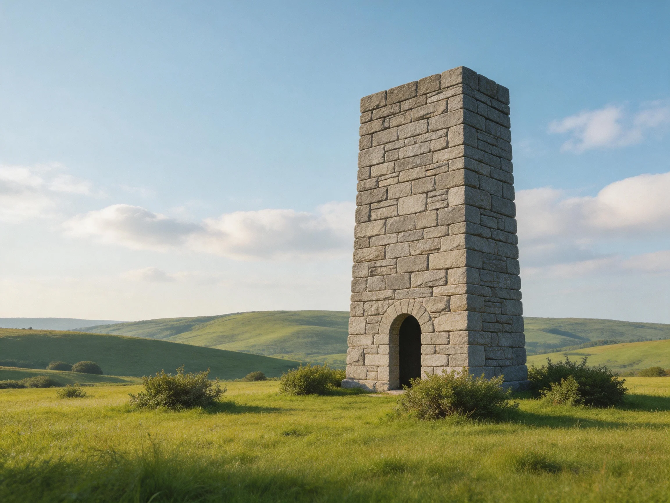 A tall gray stone tower stands alone in a lush green meadow