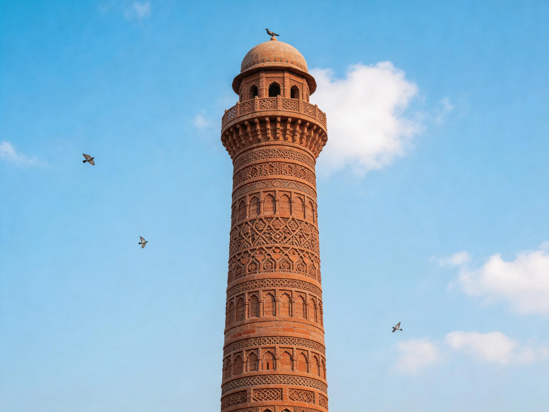 A tall, intricately carved brick minaret against a clear blue sky