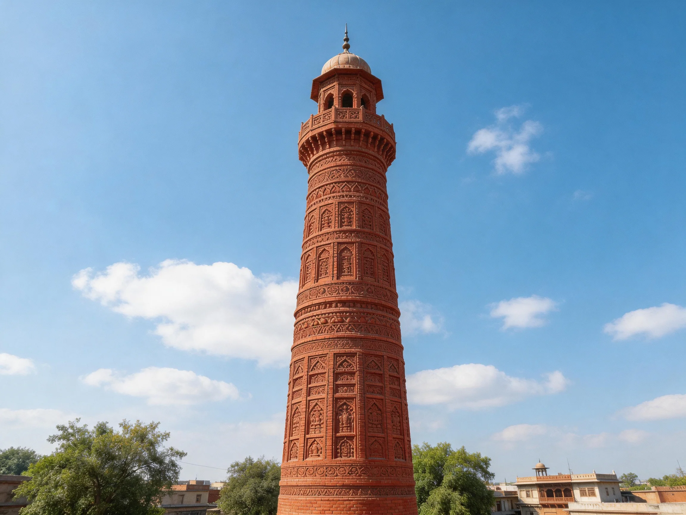 A tall, intricately carved red-brick minaret under a clear sky
