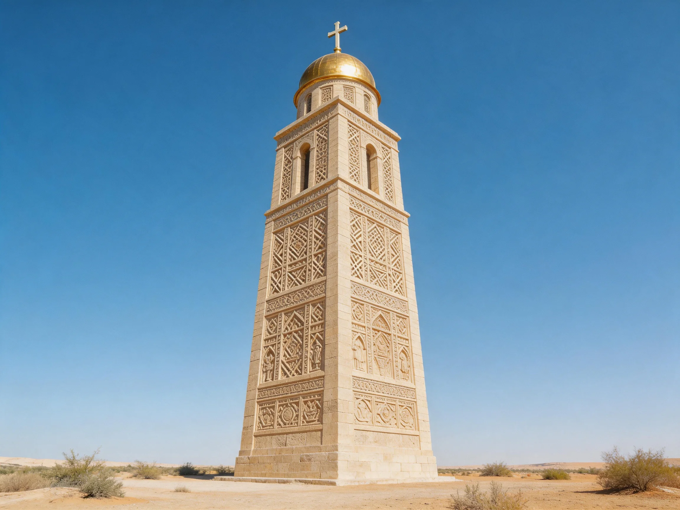 A tall intricately carved stone tower with golden dome in desert terrain