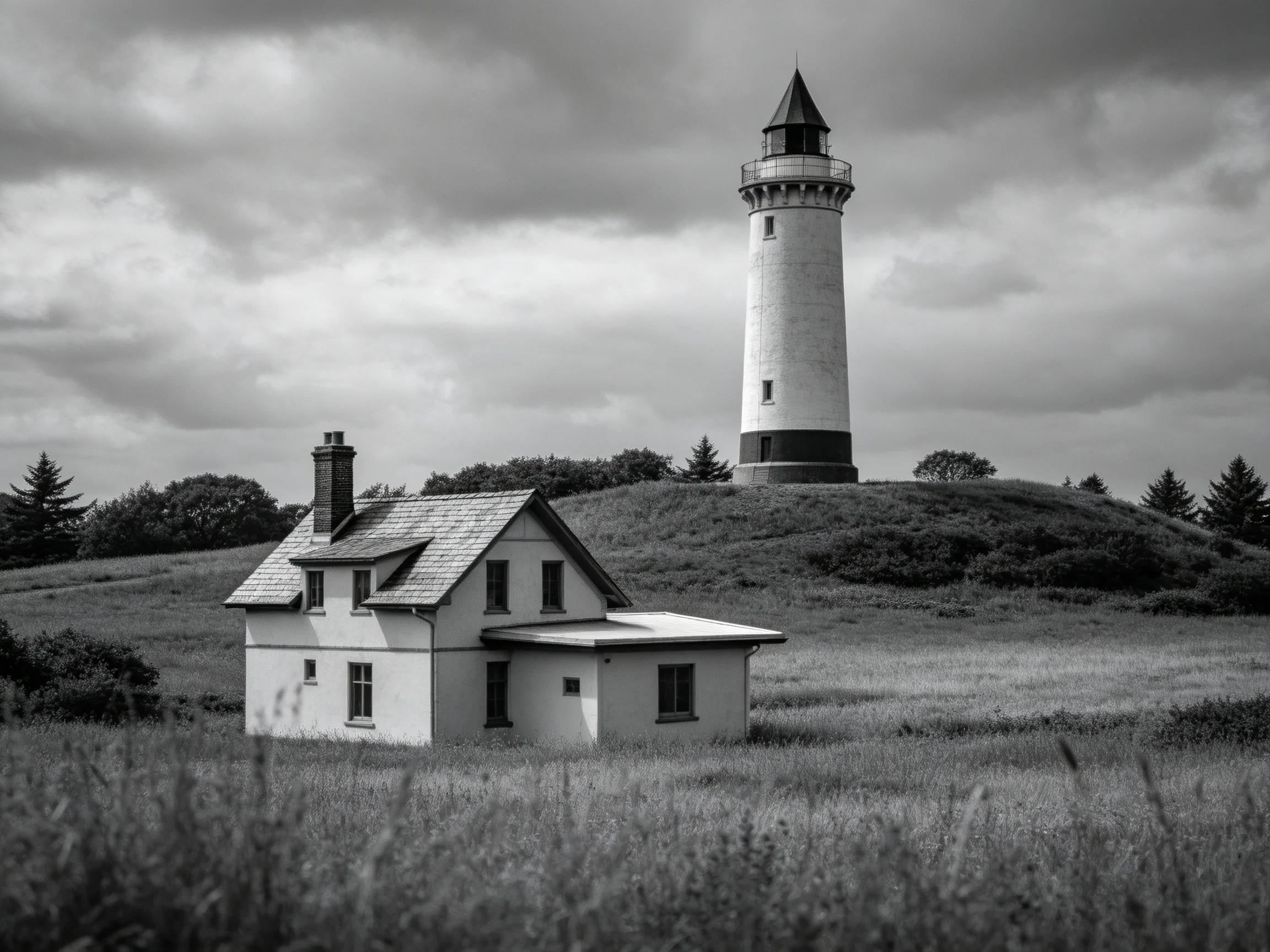 A tall lighthouse overlooks a cottage on a grassy hill