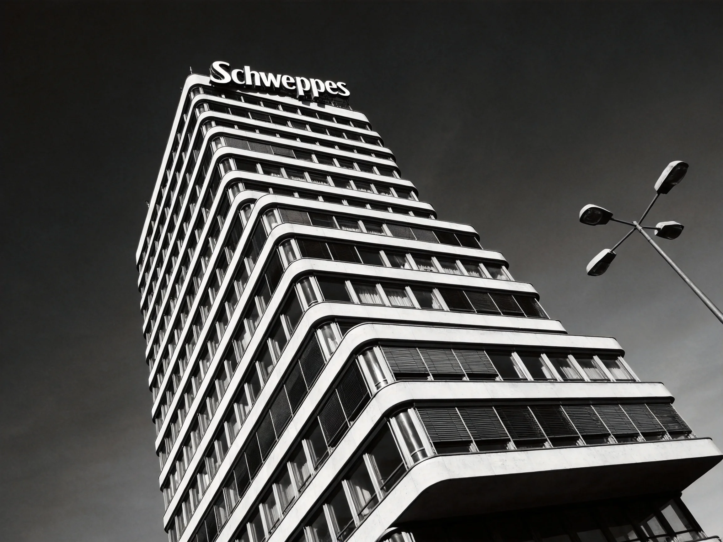 A tall modern skyscraper with Schweppes signage in black and white photography