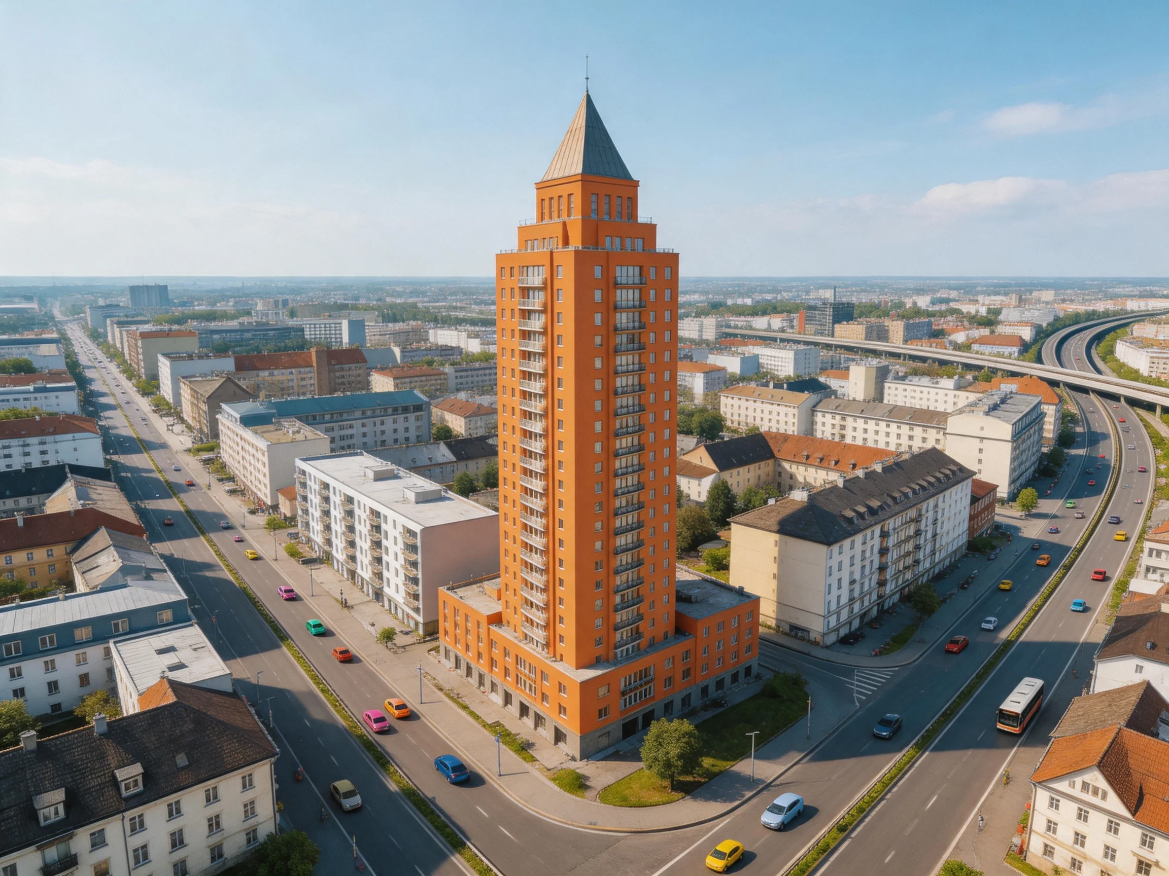 A tall orange skyscraper dominates a bustling urban intersection