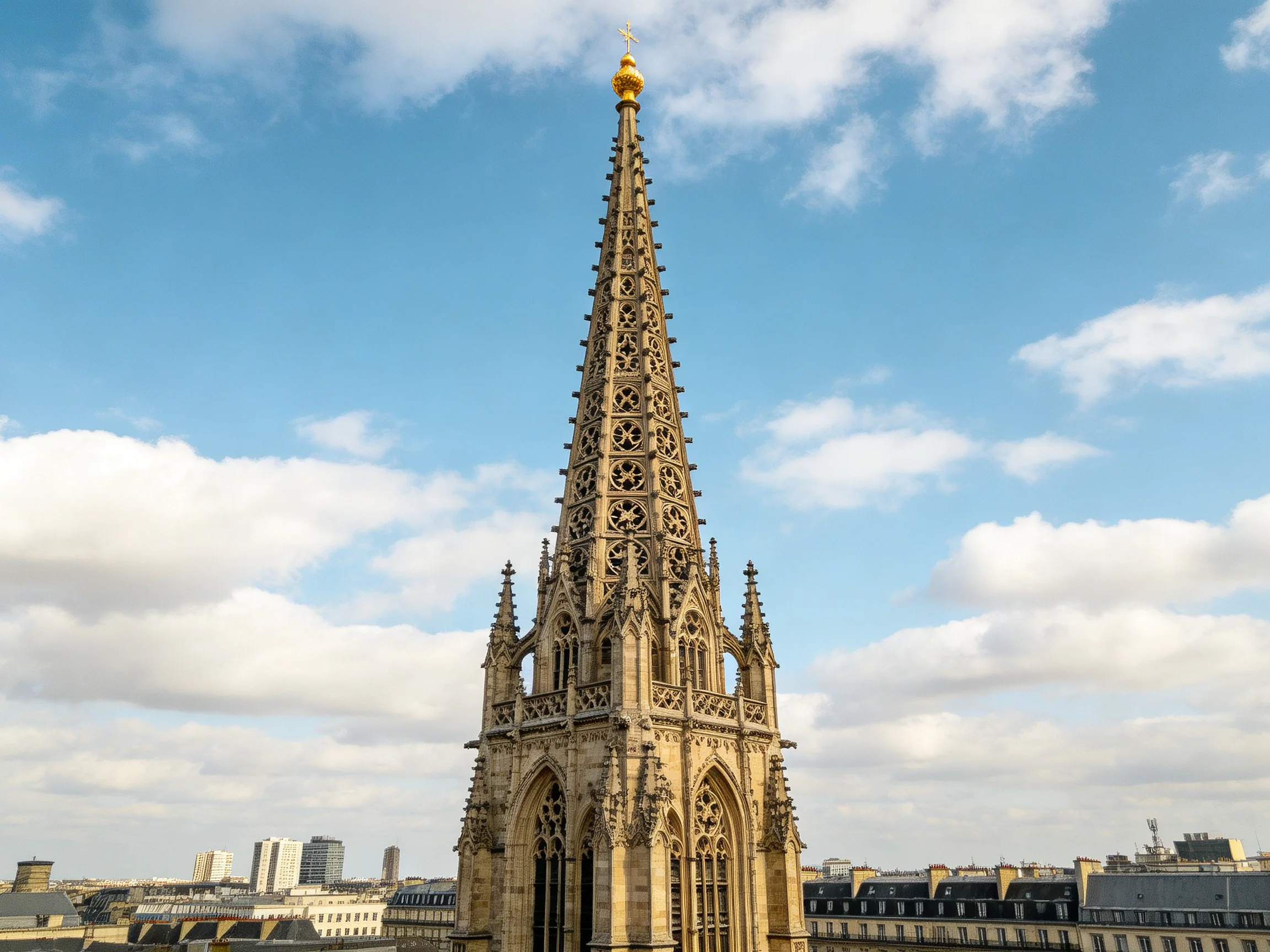 A tall, ornate Gothic spire against a bright blue sky with scattered clouds