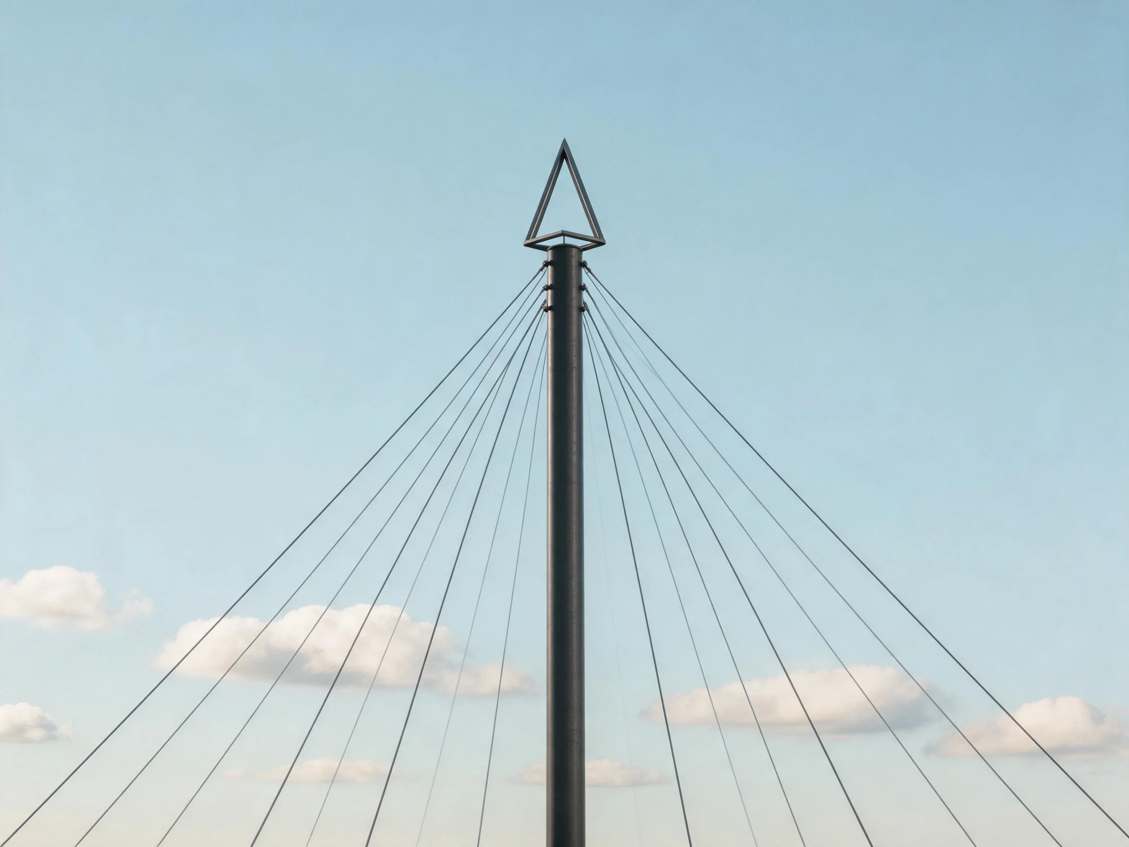 A tall pole with triangular top and radiating cables under clear sky