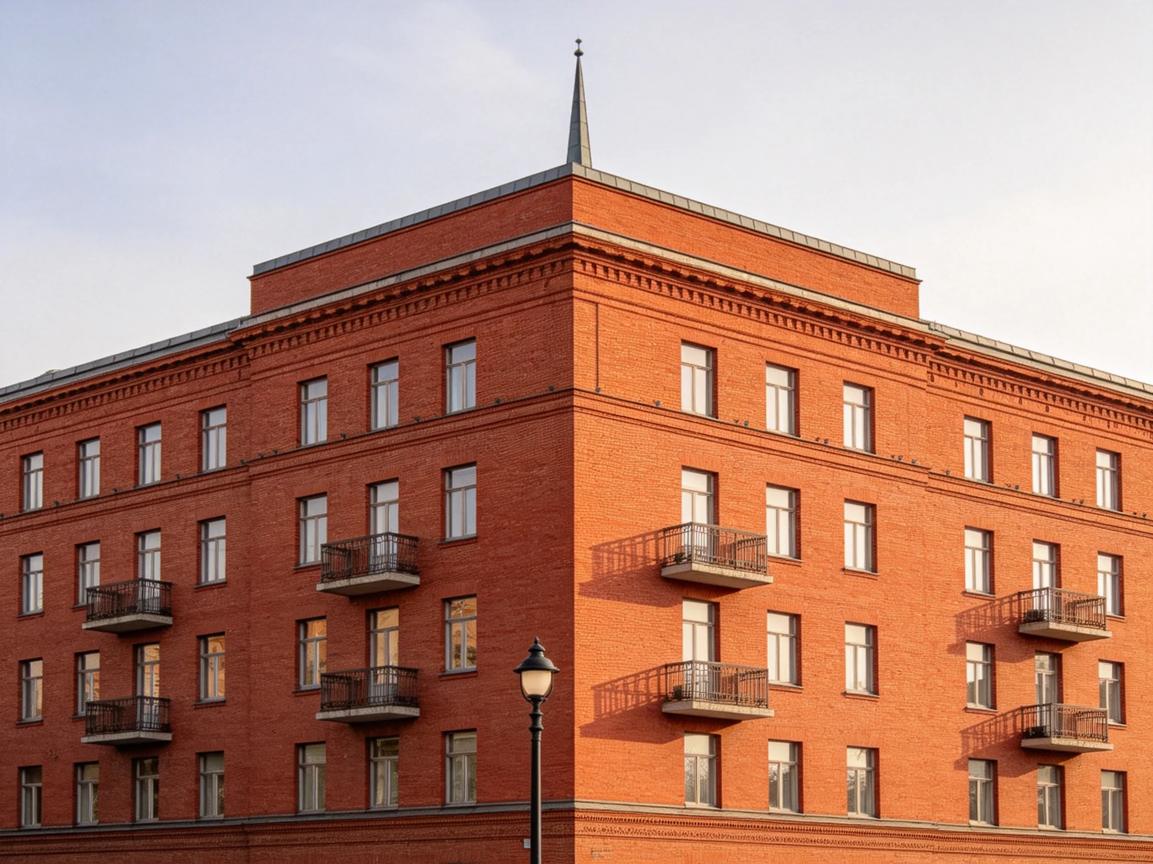 A tall red-brick apartment building with balconies