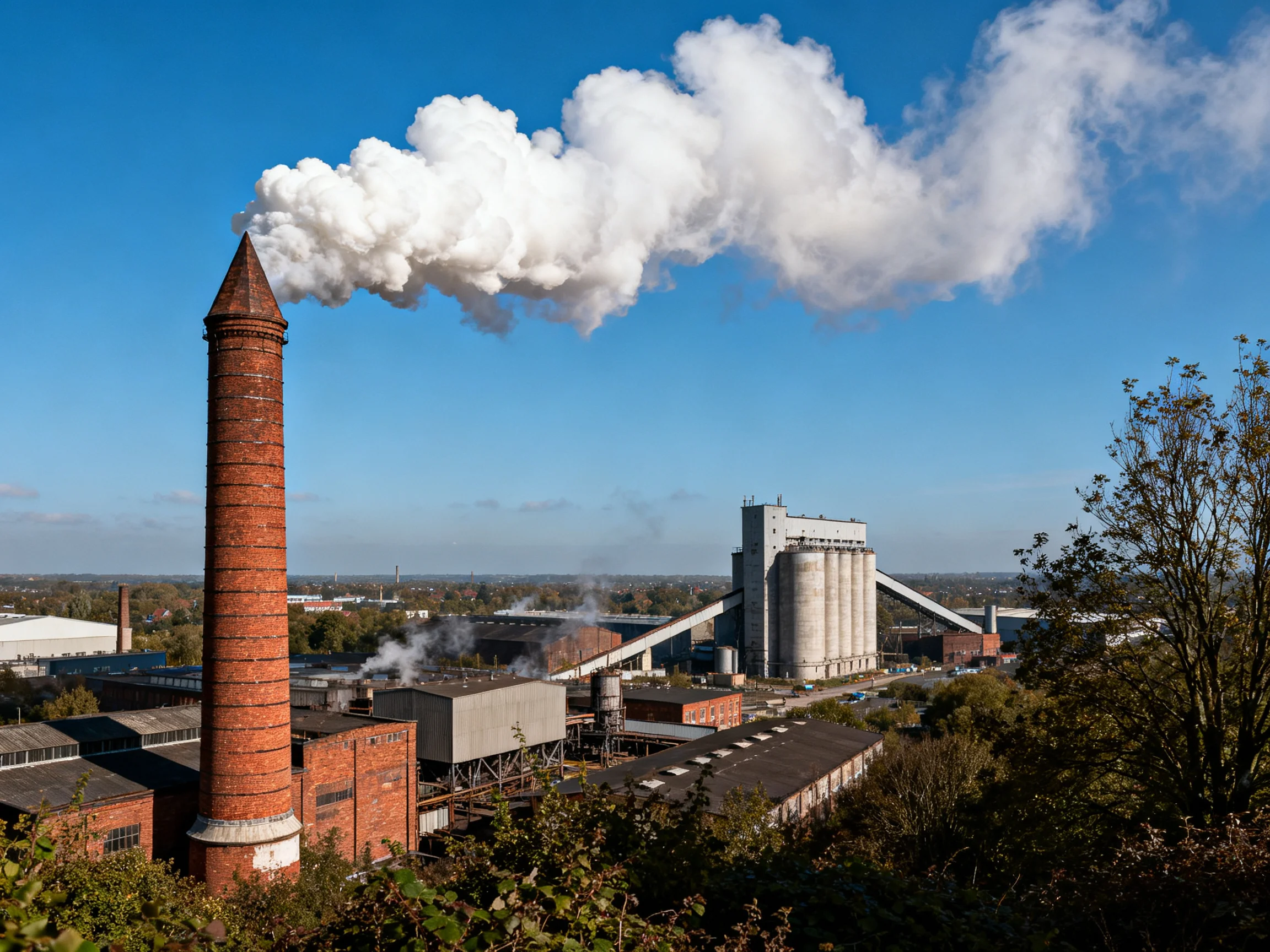 A tall red-brick chimney emits thick white smoke over an industrial complex