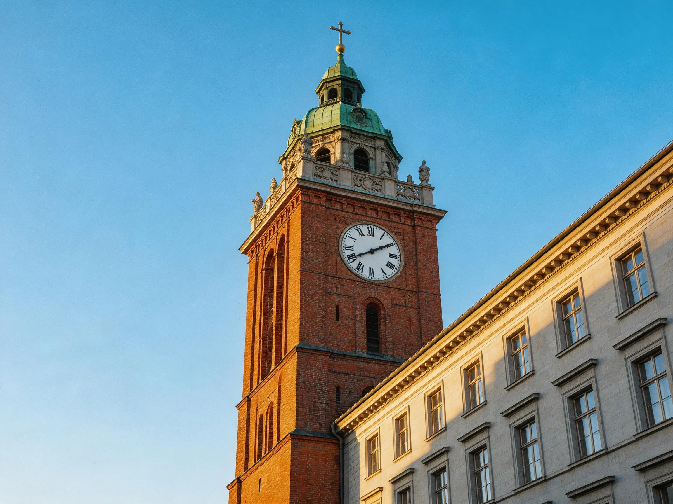 A tall red-brick clock tower with a green dome beside a beige building