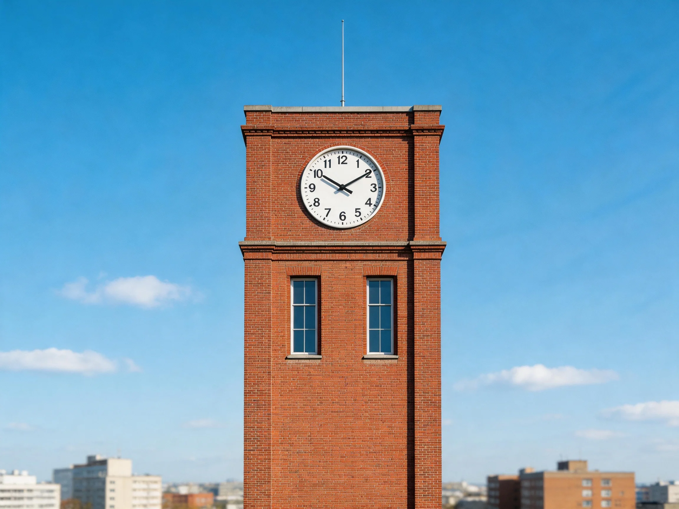 A tall red-brick clock tower with a prominent white clock face