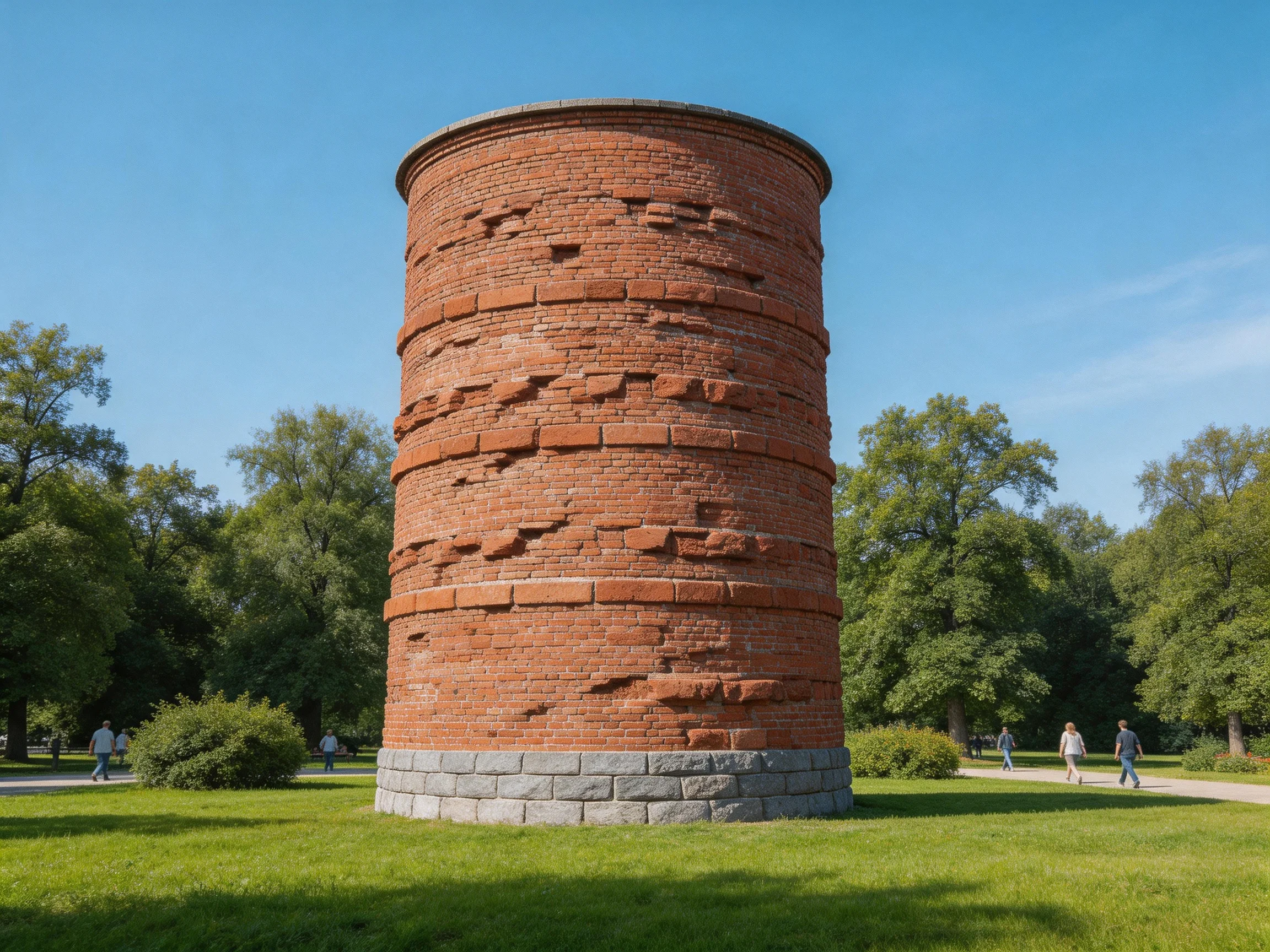 A tall red-brick cylindrical tower with a stone base in a green park