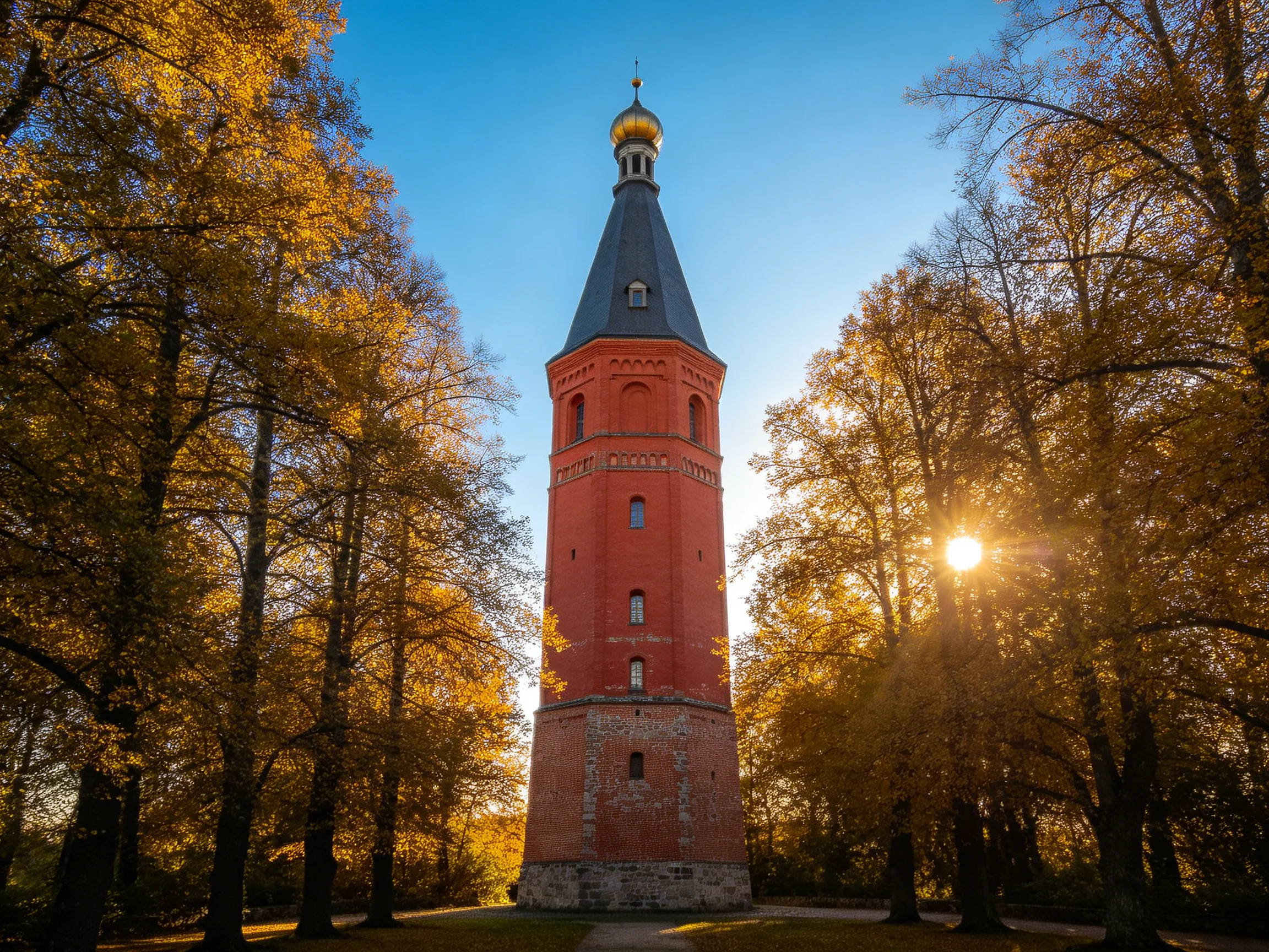 A tall red brick tower surrounded by golden autumn trees under bright sunlight