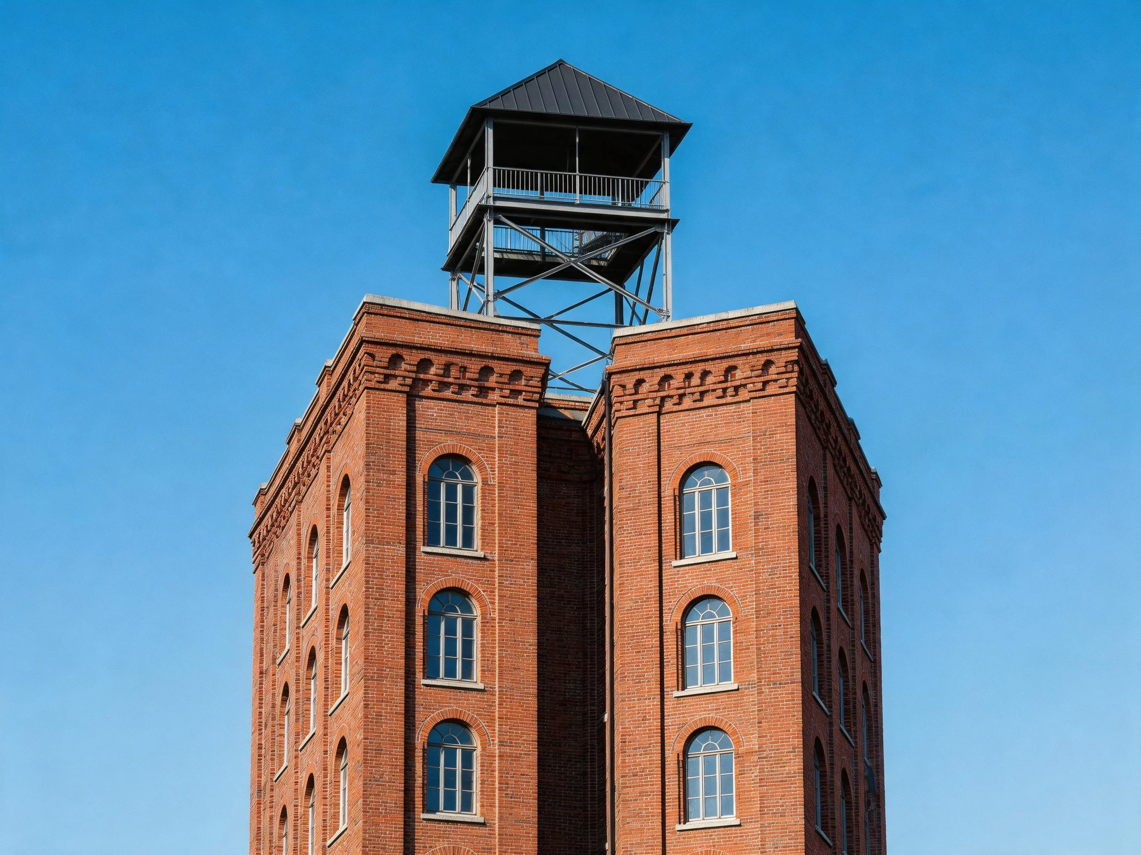 A tall red-brick tower with a metal observation structure atop